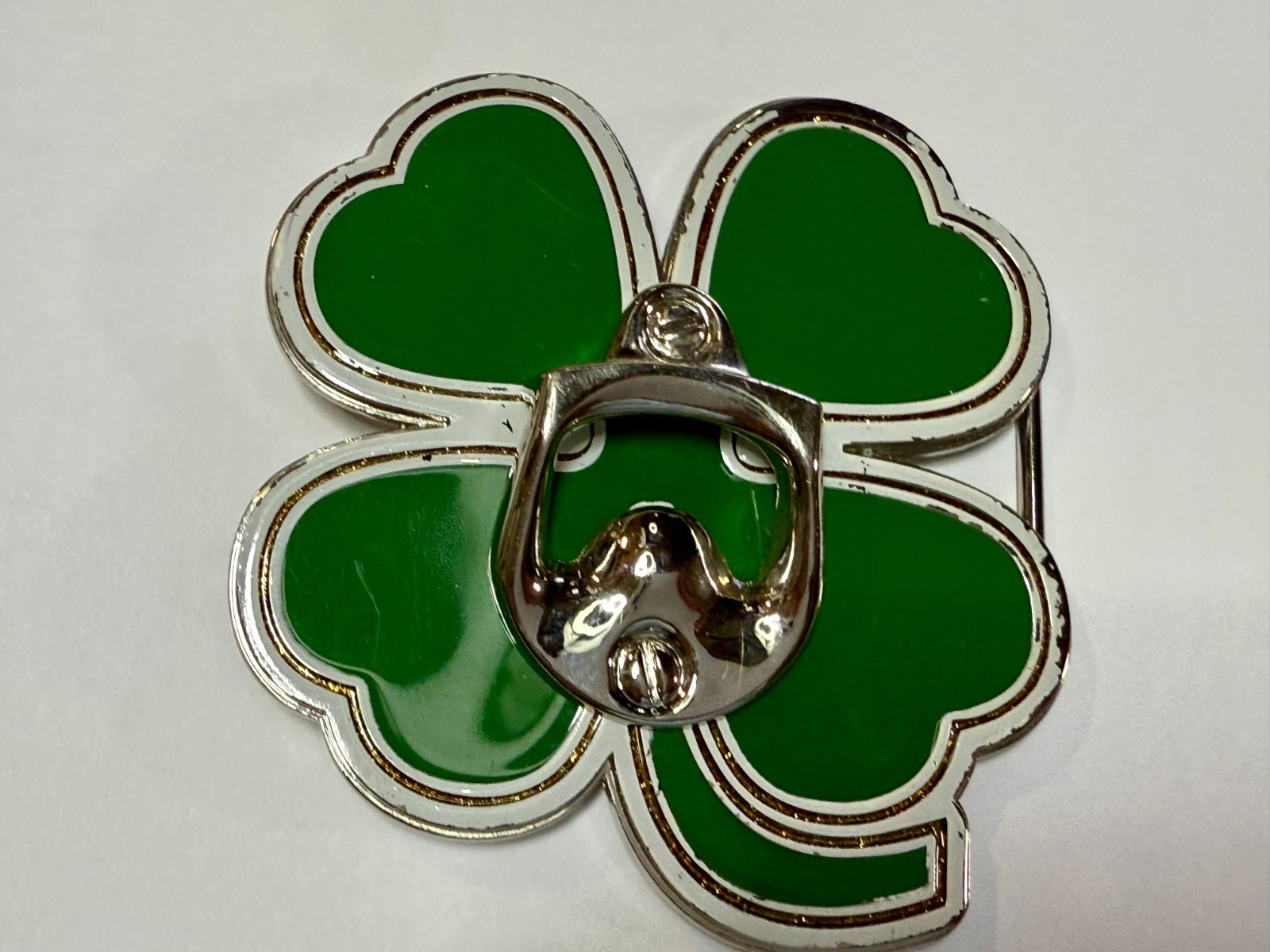 Lucky Four Leaf Clover Shamrock Green Silver Novelty Bottle Opener & Belt Buckle