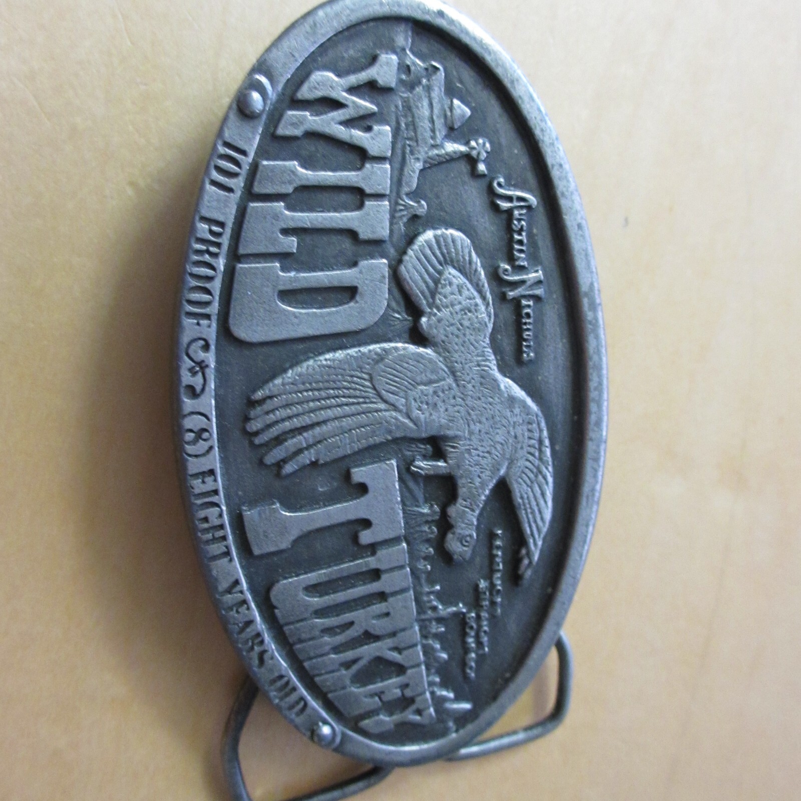 Oval 1974 vintage Bergamot WILD TURKEY pewter J-168 bourbon 3 7/8&Prime; x 2 1/8&Prime; old