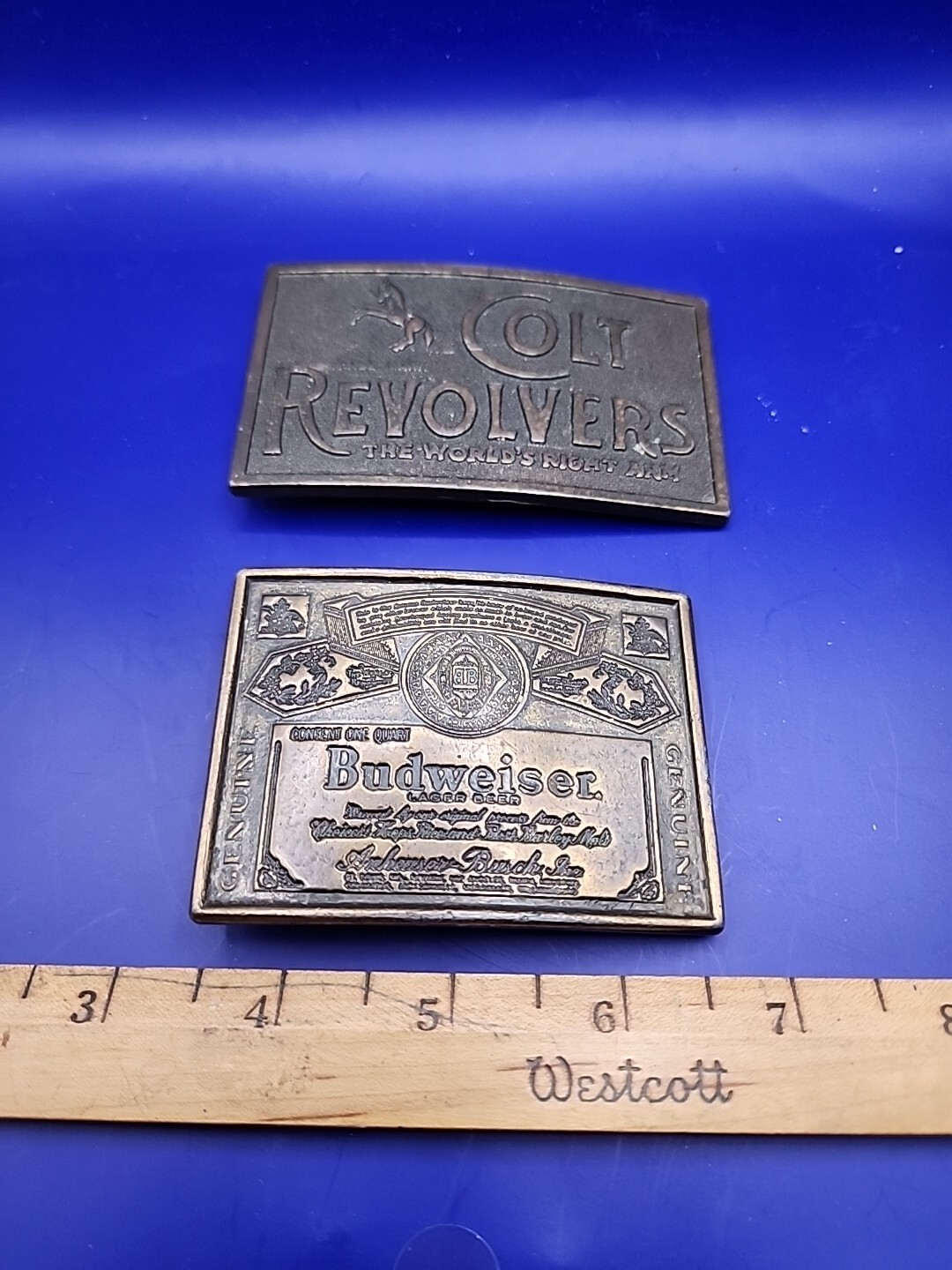 Vintage Belt Buckles Colt Revolvers & 1970s BUDWEISER Lager Beer – Brass Buckles