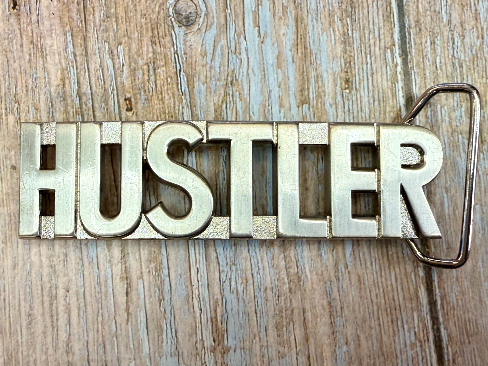 HUSTLER Block Letter Word Statement Cutout Silver Color WIDE Belt Buckle