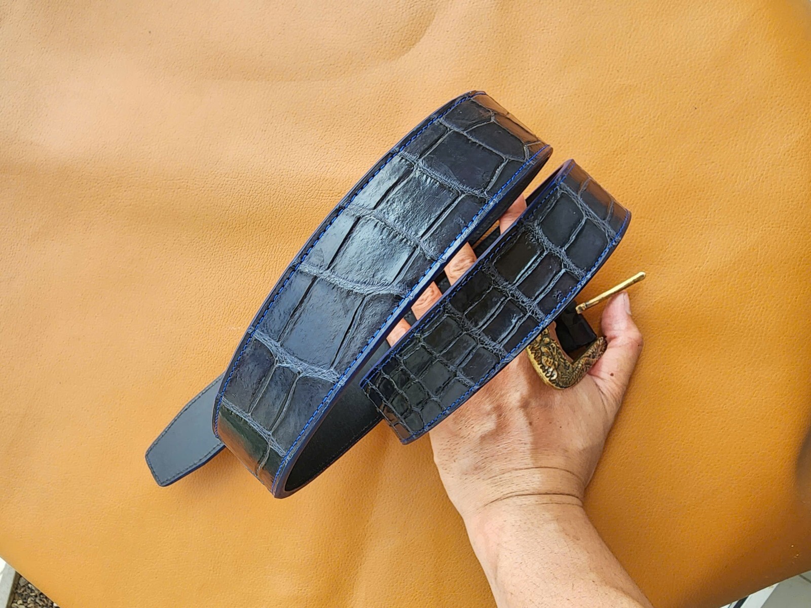 3.8CM Navy Blue 100% Genuine Leather Skin Men Belt Buckle- Handmade