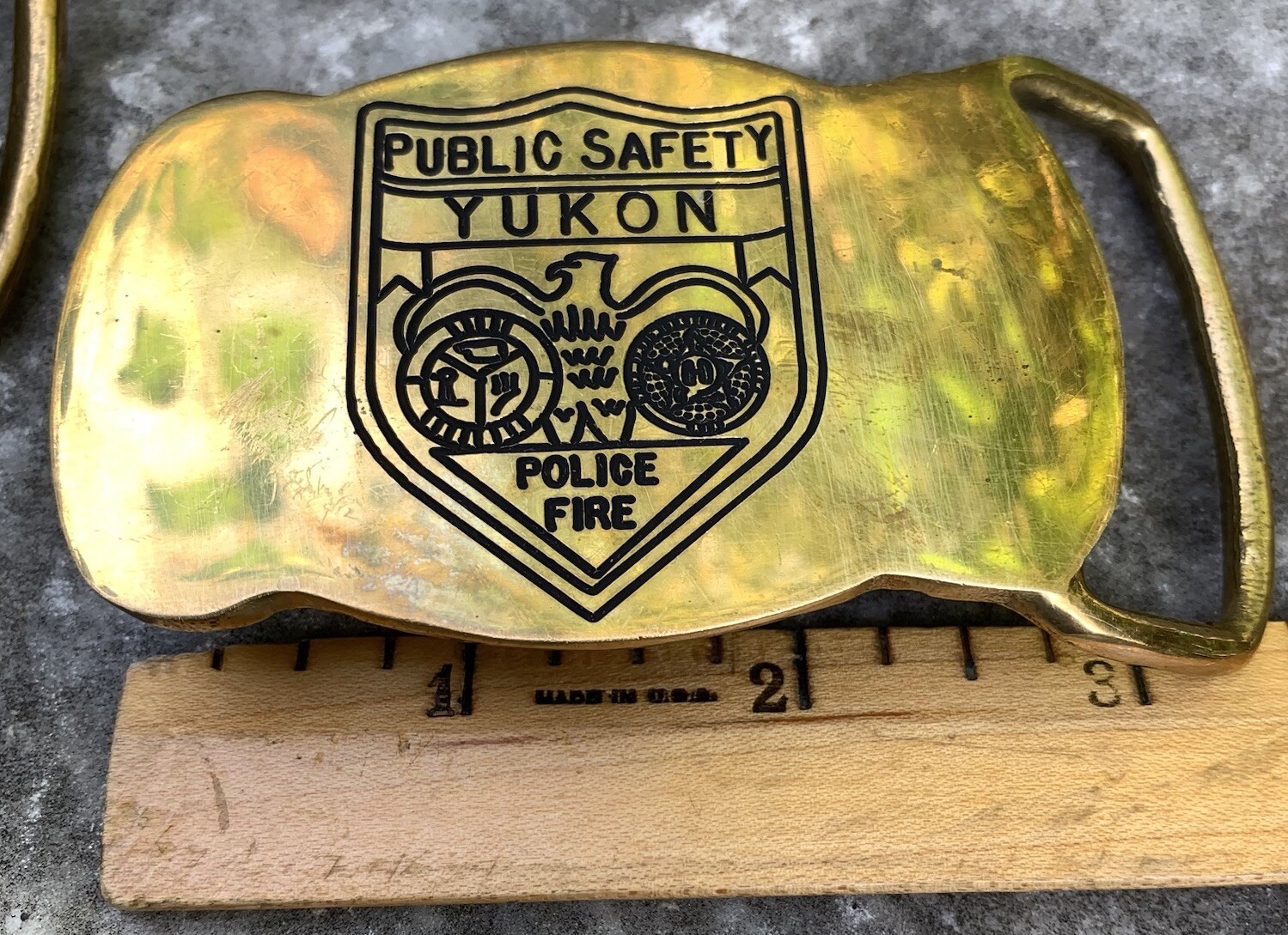 Vintage YUKON Public Safety Solid Brass Belt Buckle Police Fire Badge 2×3”