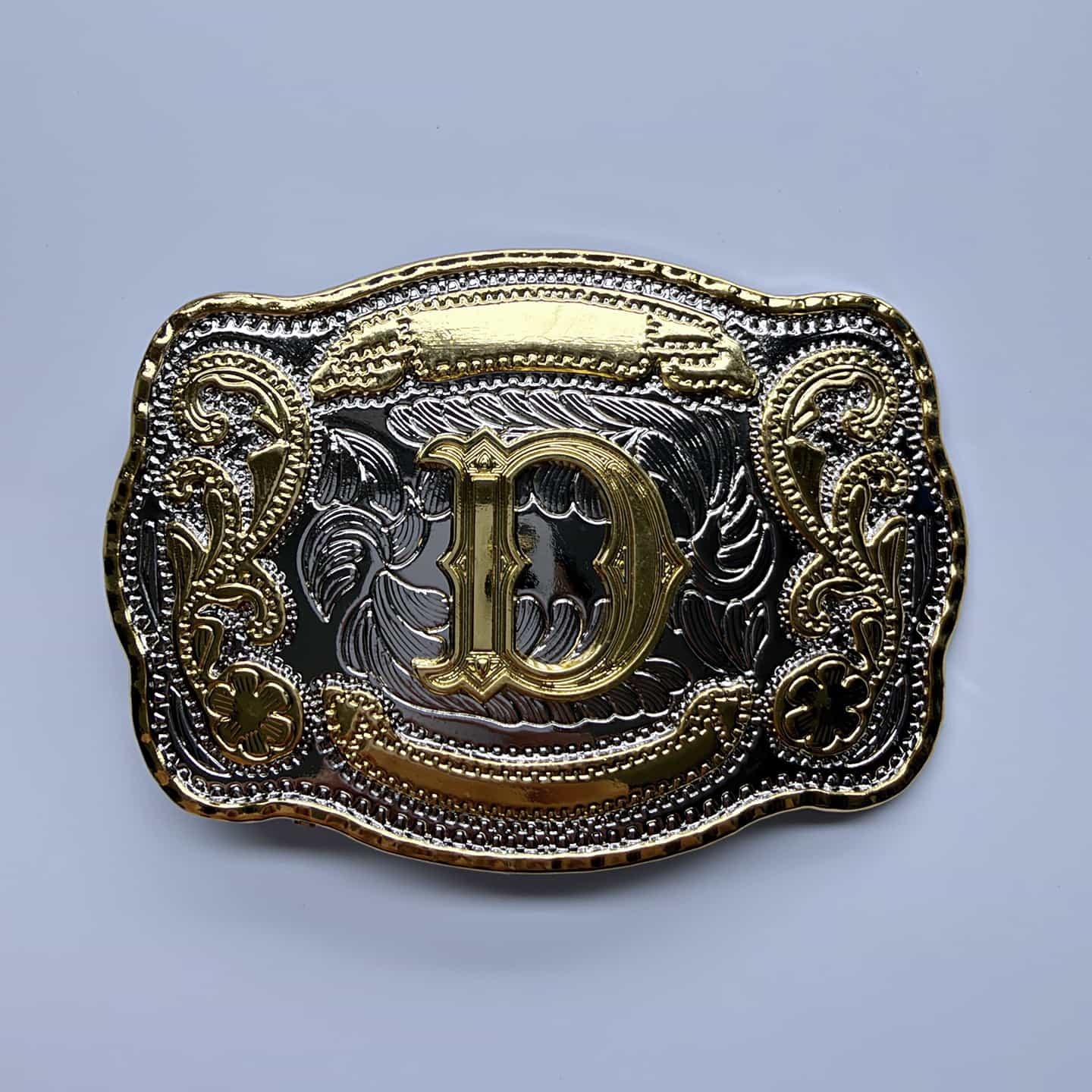 Bright Silver With Gold Initial Letter A-Z Cowboy Cowgirl Rectangle Belt Buckle