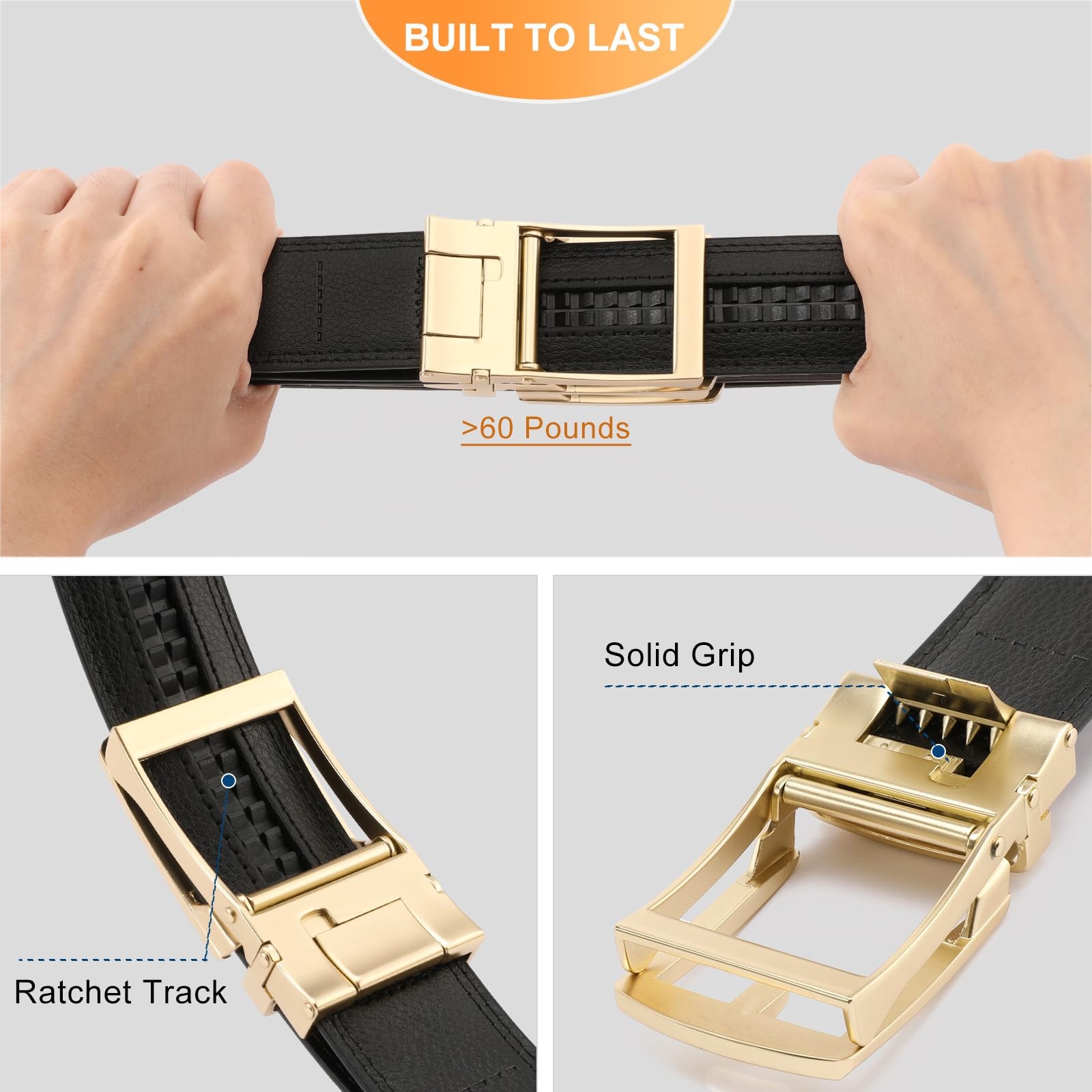 GAEKEAO Ratchet Belt for Men 28&Prime;-44&Prime; Waist Adjustable, Basic Gold – Black