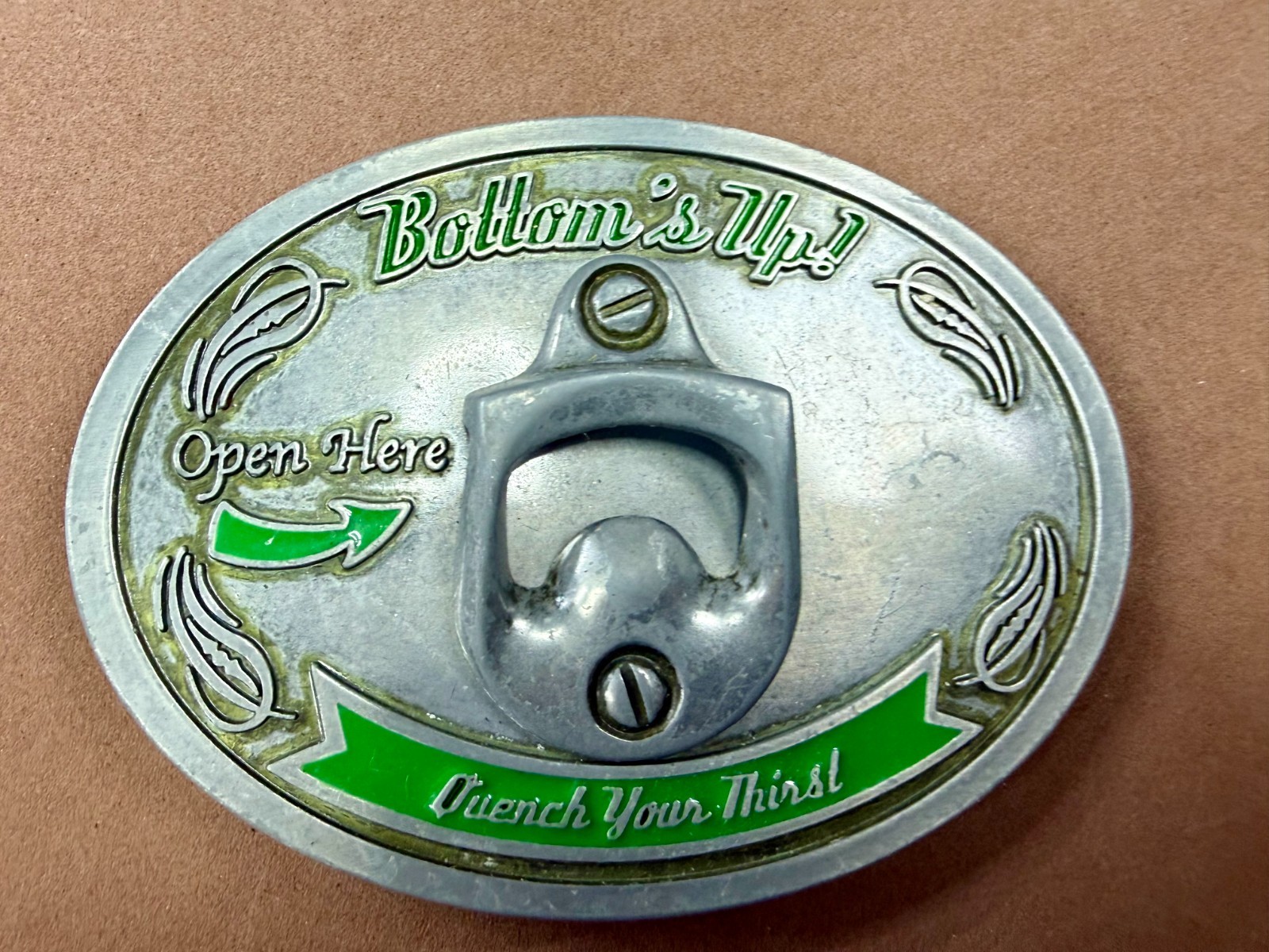 Bottom&rsquo;s Up! Open Here Quench Your Thirst Belt Buckle with Bottle Opener