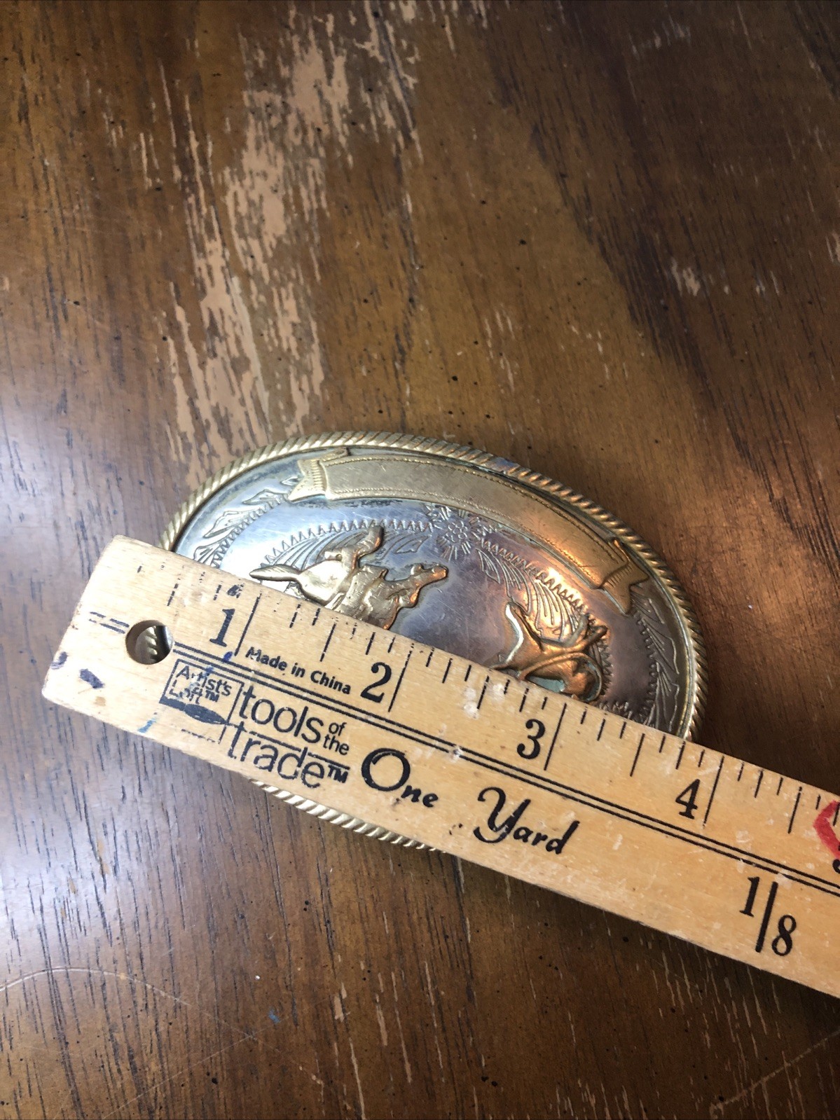 Vintage German Nickel Silver Calf Roping Rodeo Belt Buckle w/ Blank Ribbons