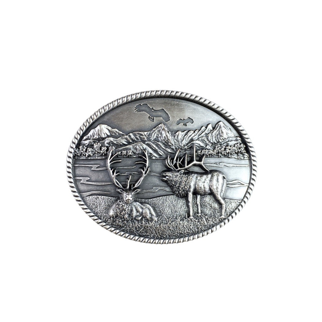 Vintage Silver Plated Western Deer Wild Life Oval Belt Buckle Boucle de Ceinture