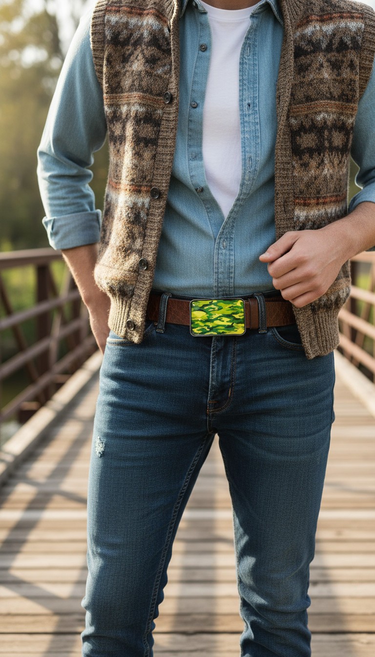 Men Black Metal Fashion Belt Buckle Army Green Color Camouflage Western Hunter