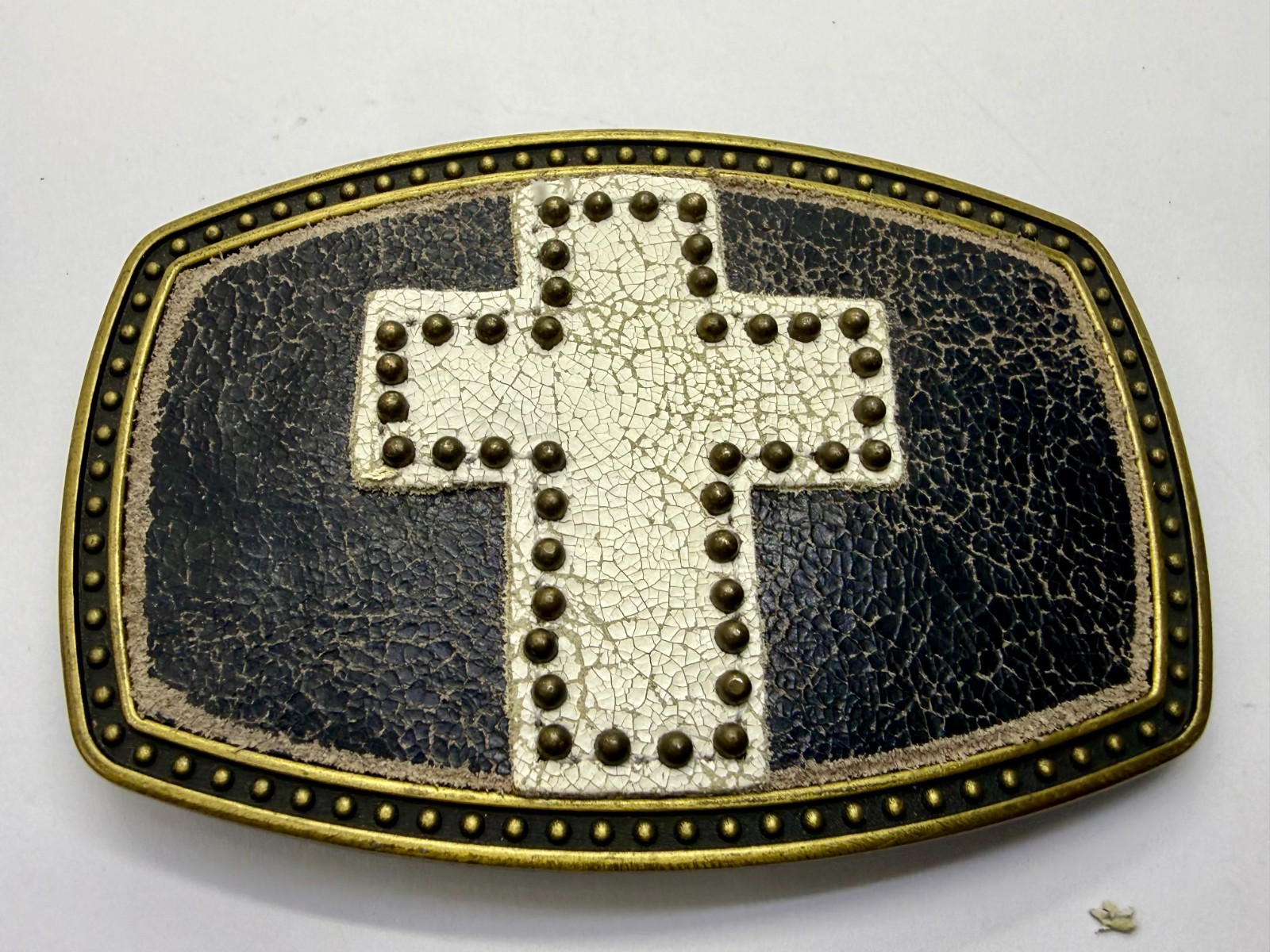 Metallic Theme Religious Cross Studded Design on White Faux Leather Belt Buckle