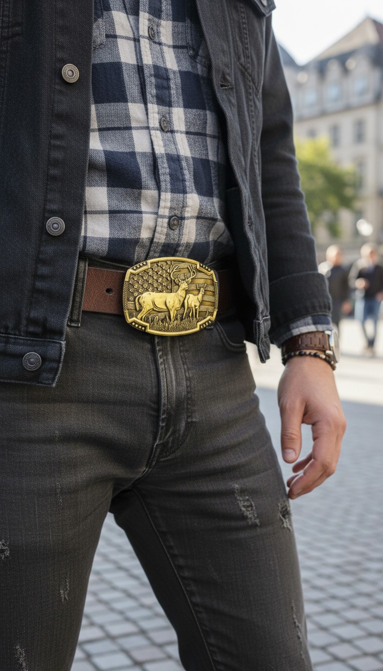 Men Gold Color Metal Belt Buckle Deer Nature Hunter Western Fashion Accessory