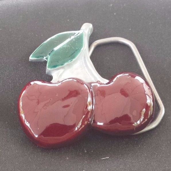 CHERRY CHERRIES RED WITH GREEN STEM LEAVES FRUIT BELT BUCKLE