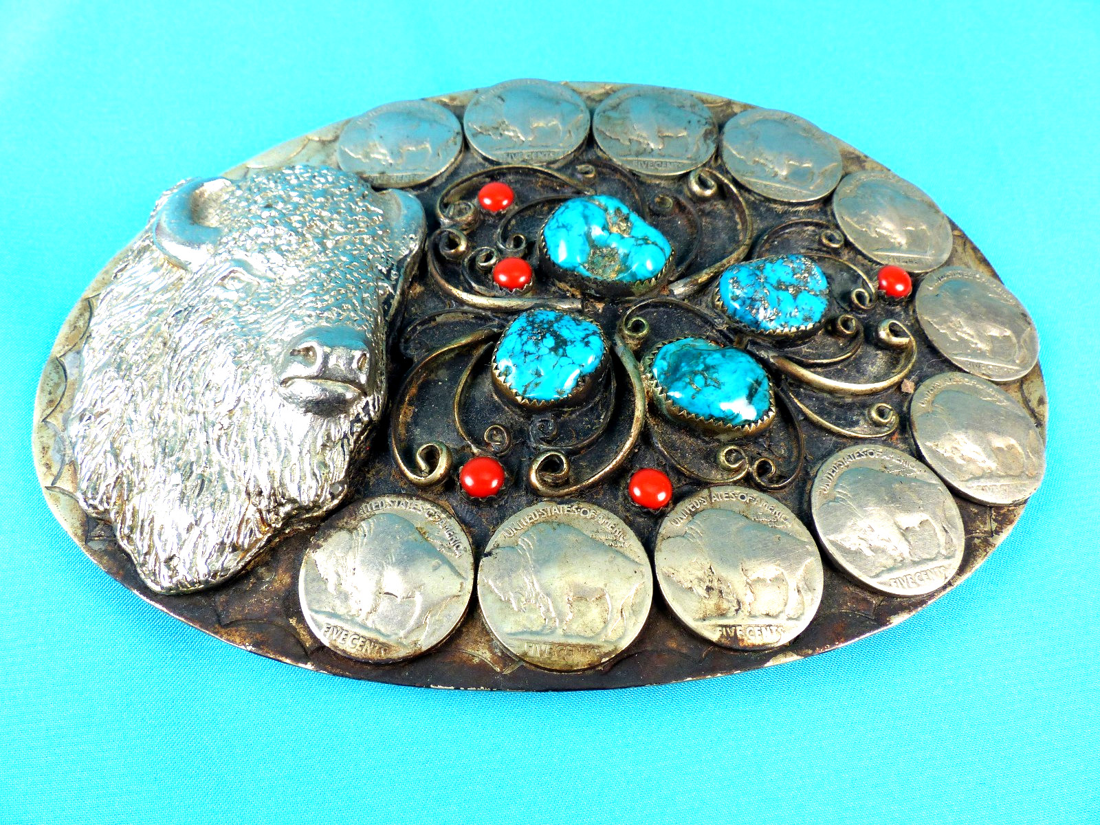 Vtg 1970&rsquo;s NA Style Turquoise Coral Buffalo Nickel Silver Squaw Wrap Belt Buckle