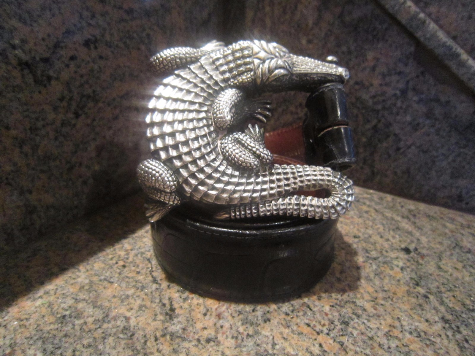 Huge Kieselstein-Cord Sterling Alligator Buckle and Black Alligator Belt Size 1