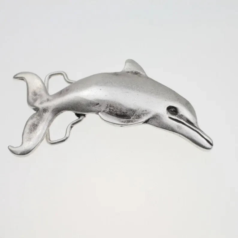ChatGPT: Belt Buckle Dolphin Design Antique Silver Nautical Animal Print Oval Embossed