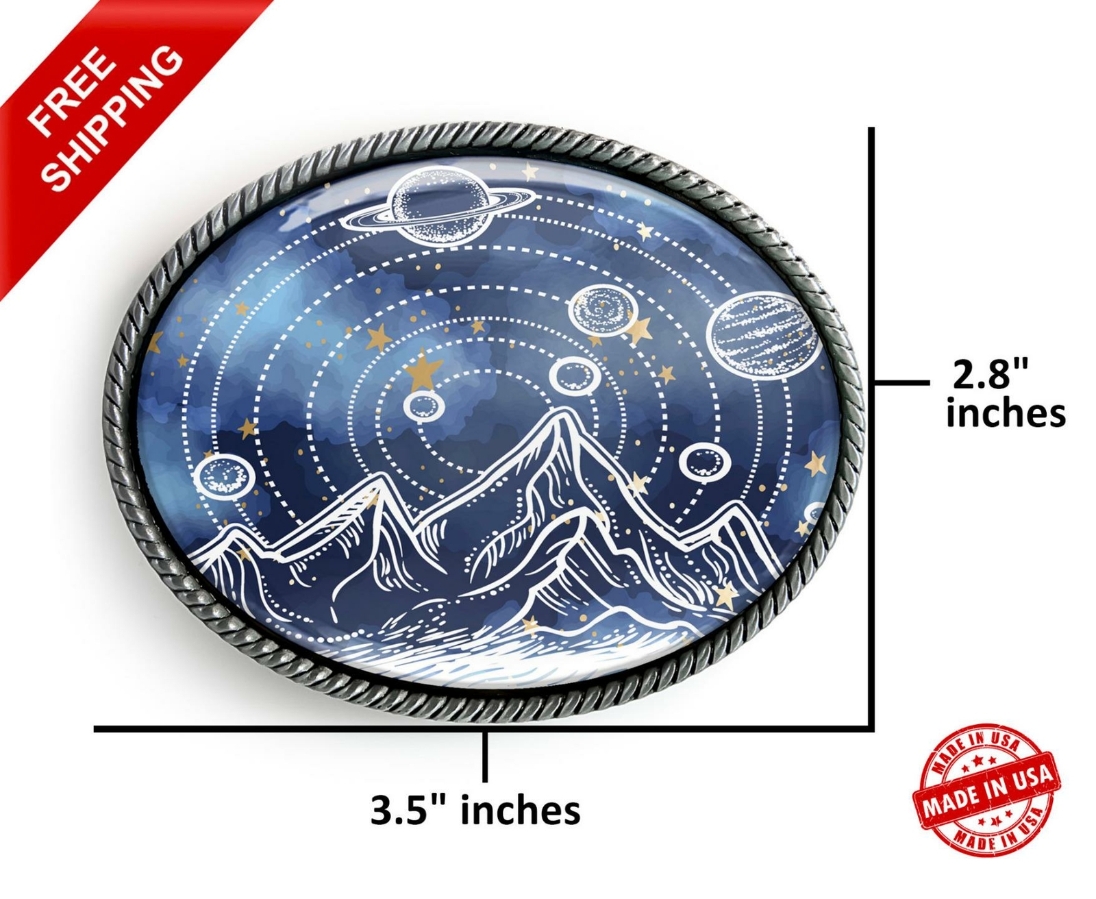 Outer Space Belt Buckle – Planets + Stars Sci-fi Handmade Silver Buckle – 13