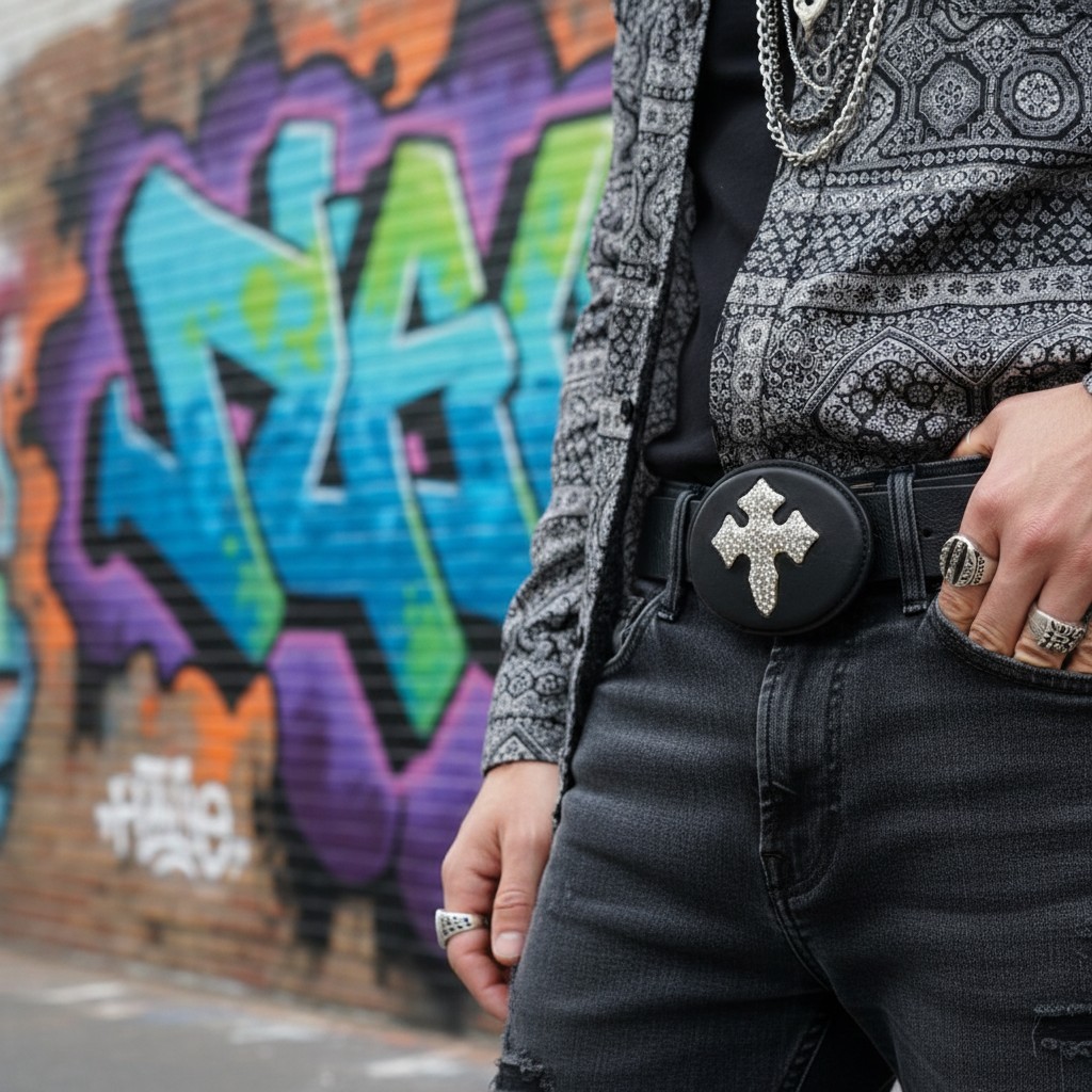 Men Women Fashion Black Oval Belt Buckle Silver Metal Bling Cross Religious Look