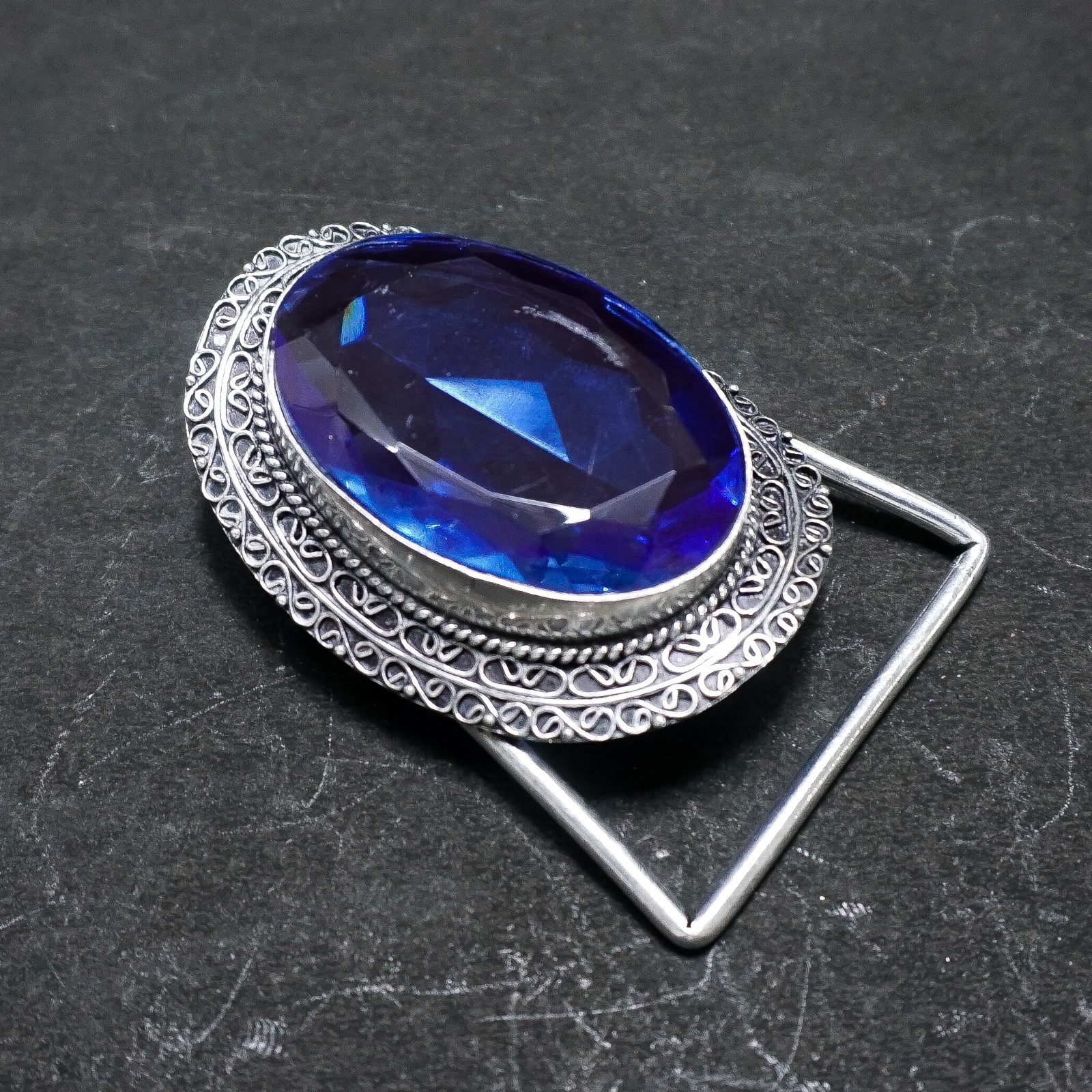 Blue Sapphire Belt Buckle Silver Plated Filigree Western Boho Statement Men