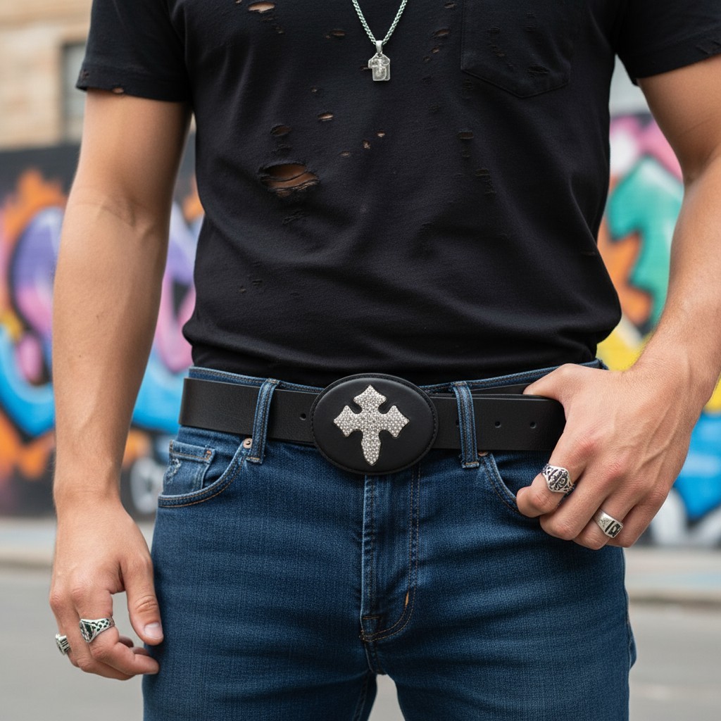Men Women Fashion Black Oval Belt Buckle Silver Metal Bling Cross Religious Look