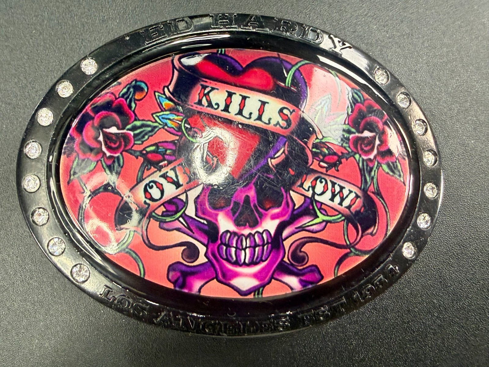 Ed Hardy Love Kills Slowly Signature Tattoo Skull with Rhinestones Belt Buckle