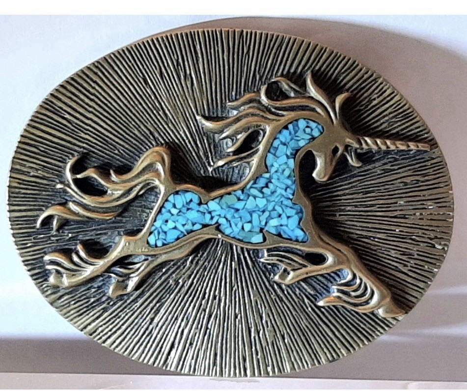 VINTAGE- BRASS ?TURQUOISE INLAY UNICORN BELT BUCKLE/RARE HALLMARK/GUCCi?/UNISEX