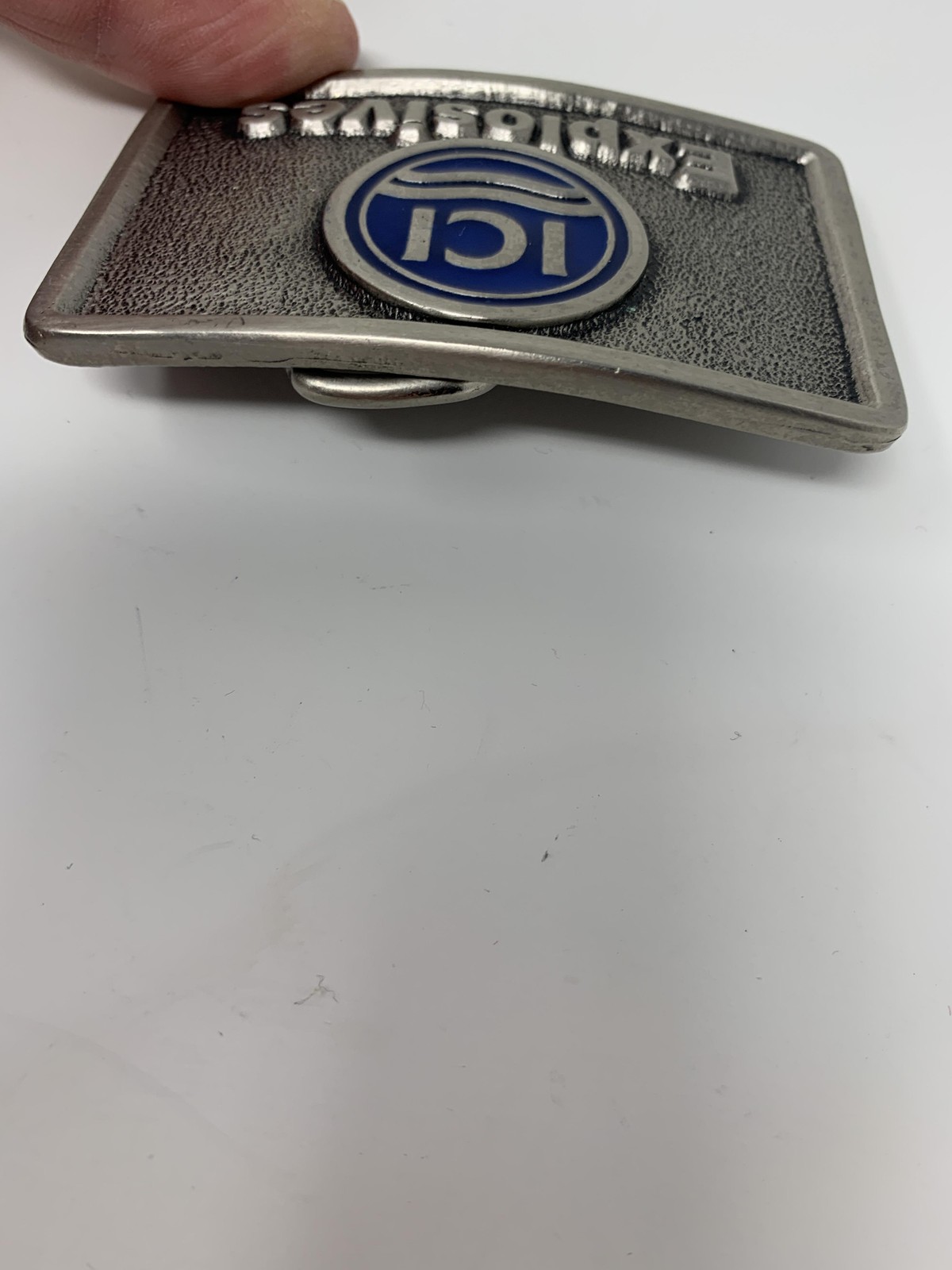 Vintage TL&B ICI Explosives Belt Buckle Metal Blue Logo Collectible Industrial
