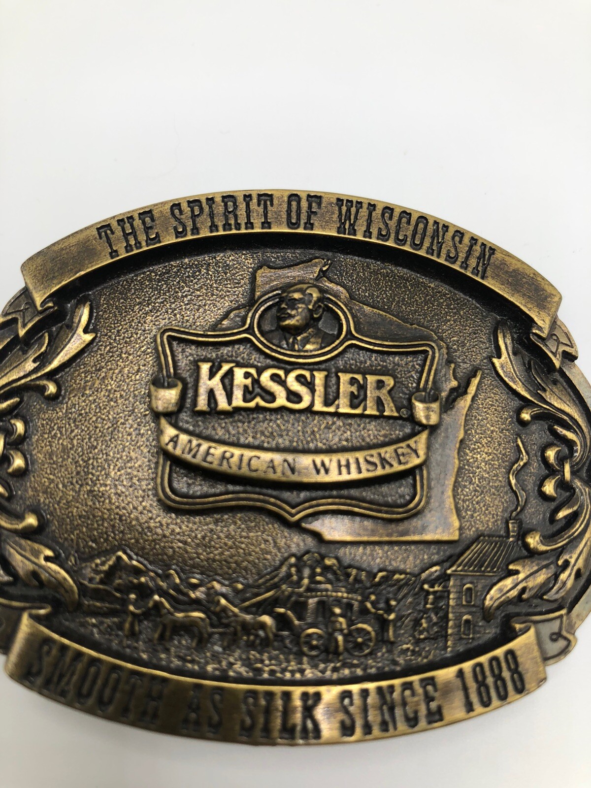 Vintage Belt Buckle Kessler Whiskey Spirit of Wisconsin Solid Brass Western