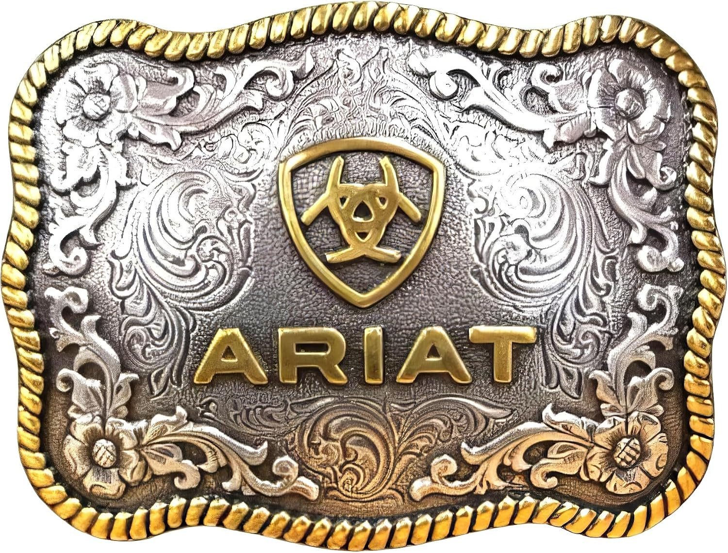 ARIAT Large Scalloped Shape Buckle with Logo, Floral and Scroll Detail, Twisted