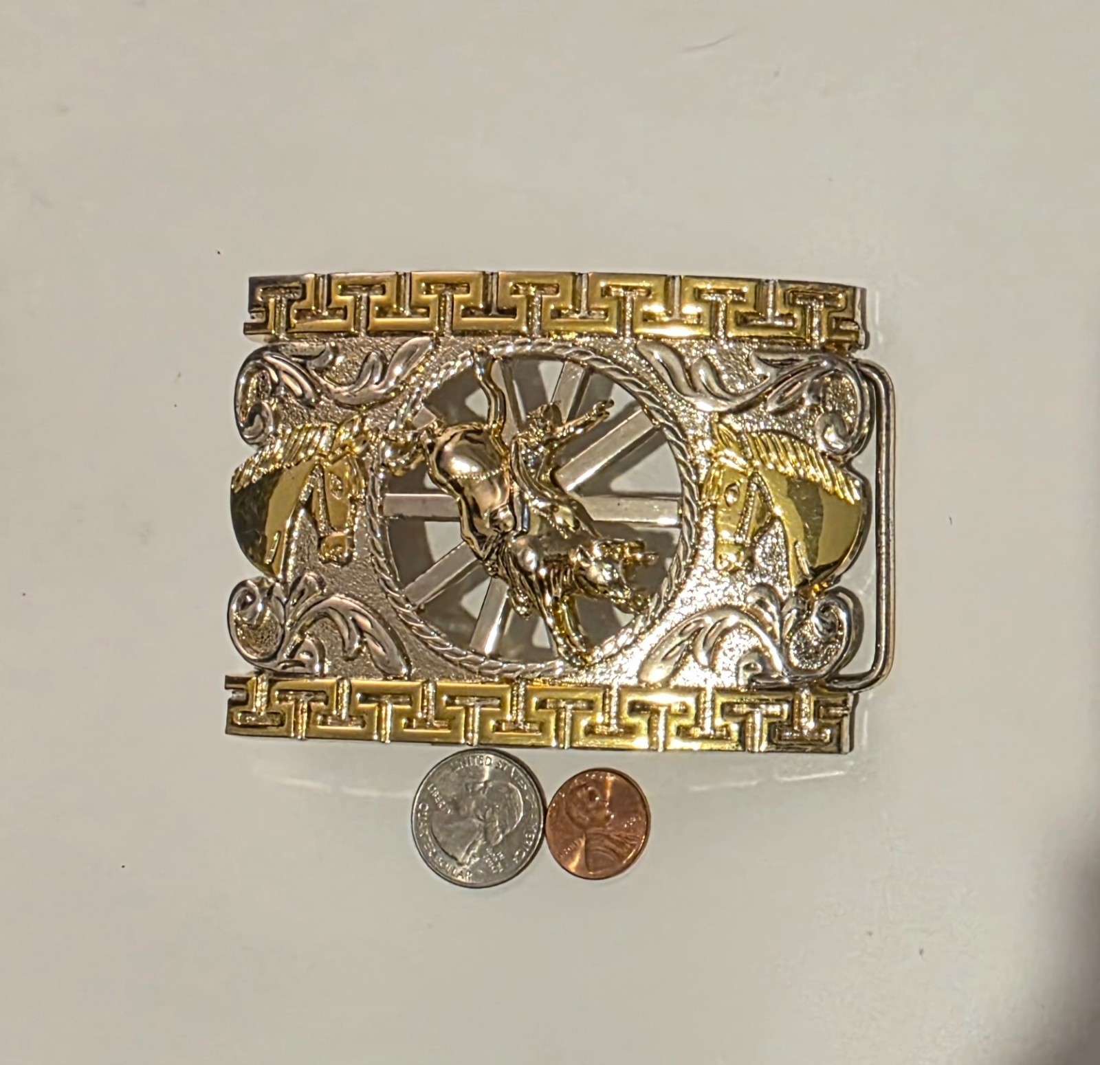 Vintage Metal Belt Buckle, Big Size, Brass and Silver, Bull Riding, Horses