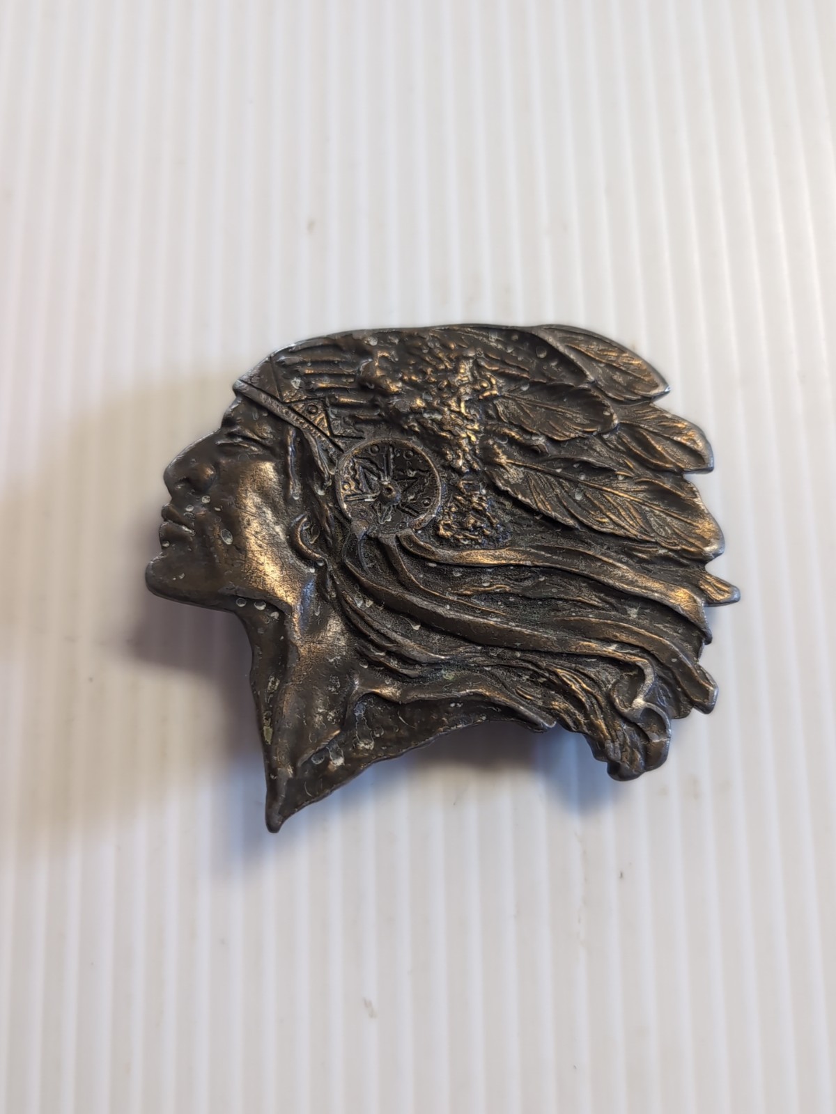 Vintage Indian Chief Head Motorcycle Brass Belt Buckle Native American Headdress