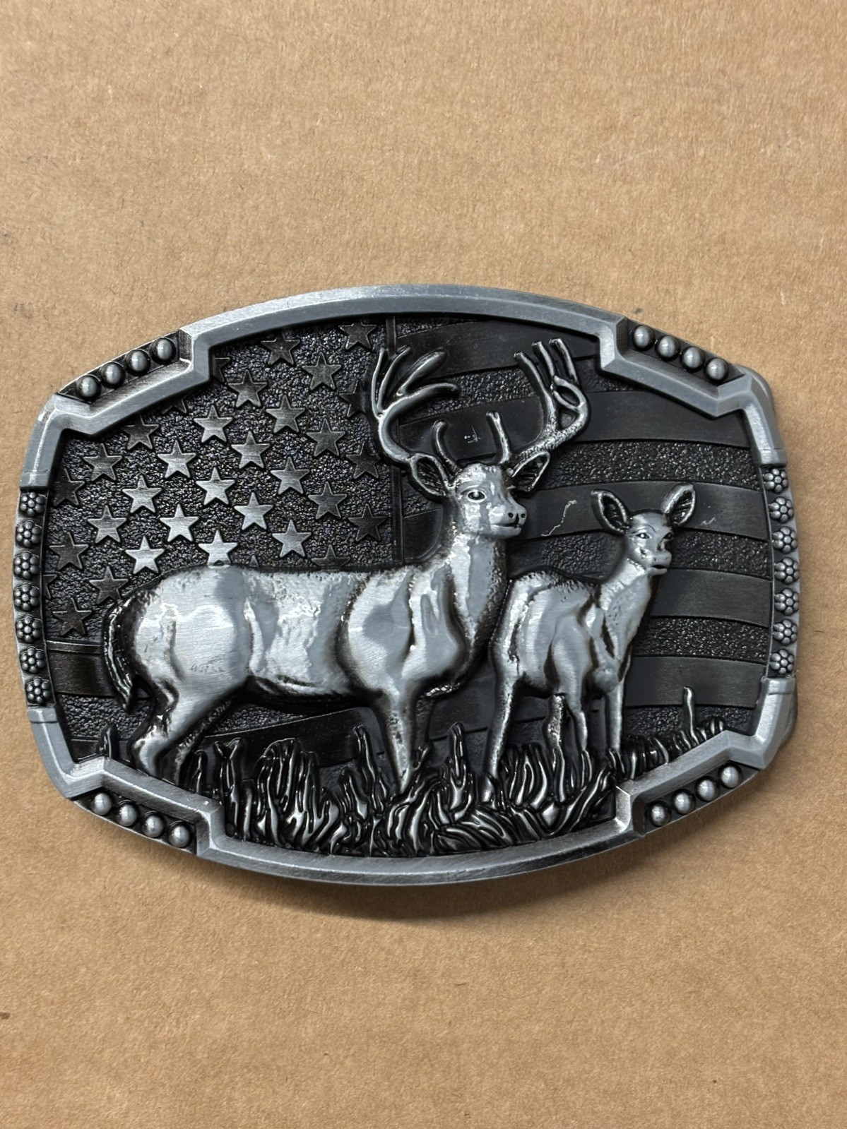 Belt Buckle Bronze Metal Deer Hunter Western USA Flag Background New