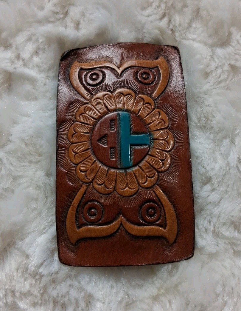 vintage NATIVE AMERICAN belt buckle TOOLED handcrafted WESTERN leather INDIAN