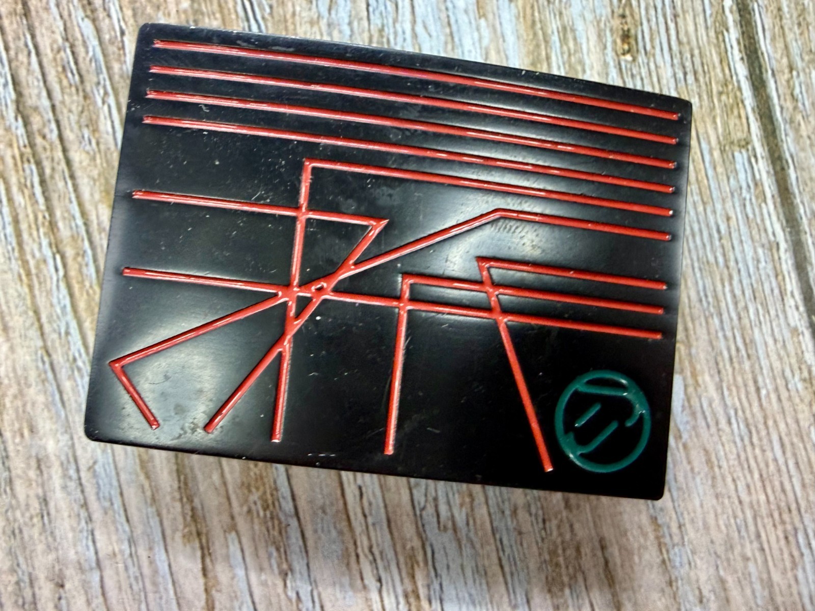 Unknown to me! Geometric Abstract Lines Red Over a Black Enamel Belt Buckle