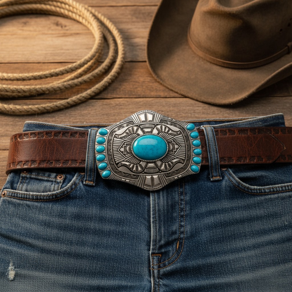 Men Silver Metal Belt Buckle Ethnic Western Vintage Fashion Turquoise Blue Beads