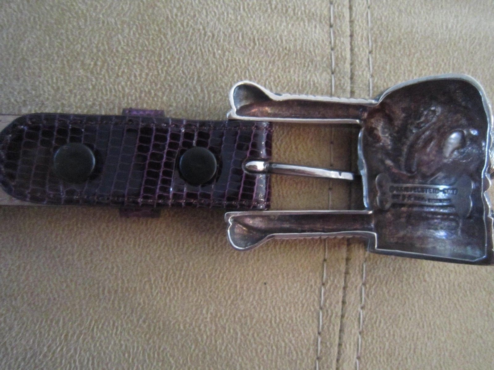 KIESELSTEIN CORD STERLING BULLDOG BUCKLE AND PURPLE LIZARD BELT SIZE 2
