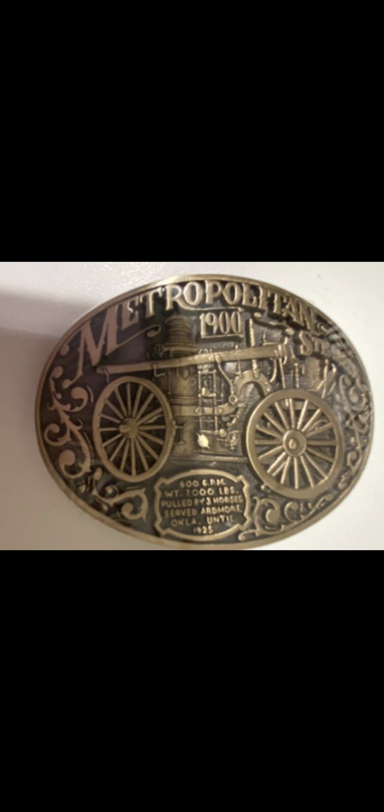 OK Firefighters Assoc. 1900 METROPOLITAN STEAMER Fire Truck Brass Belt Buckle