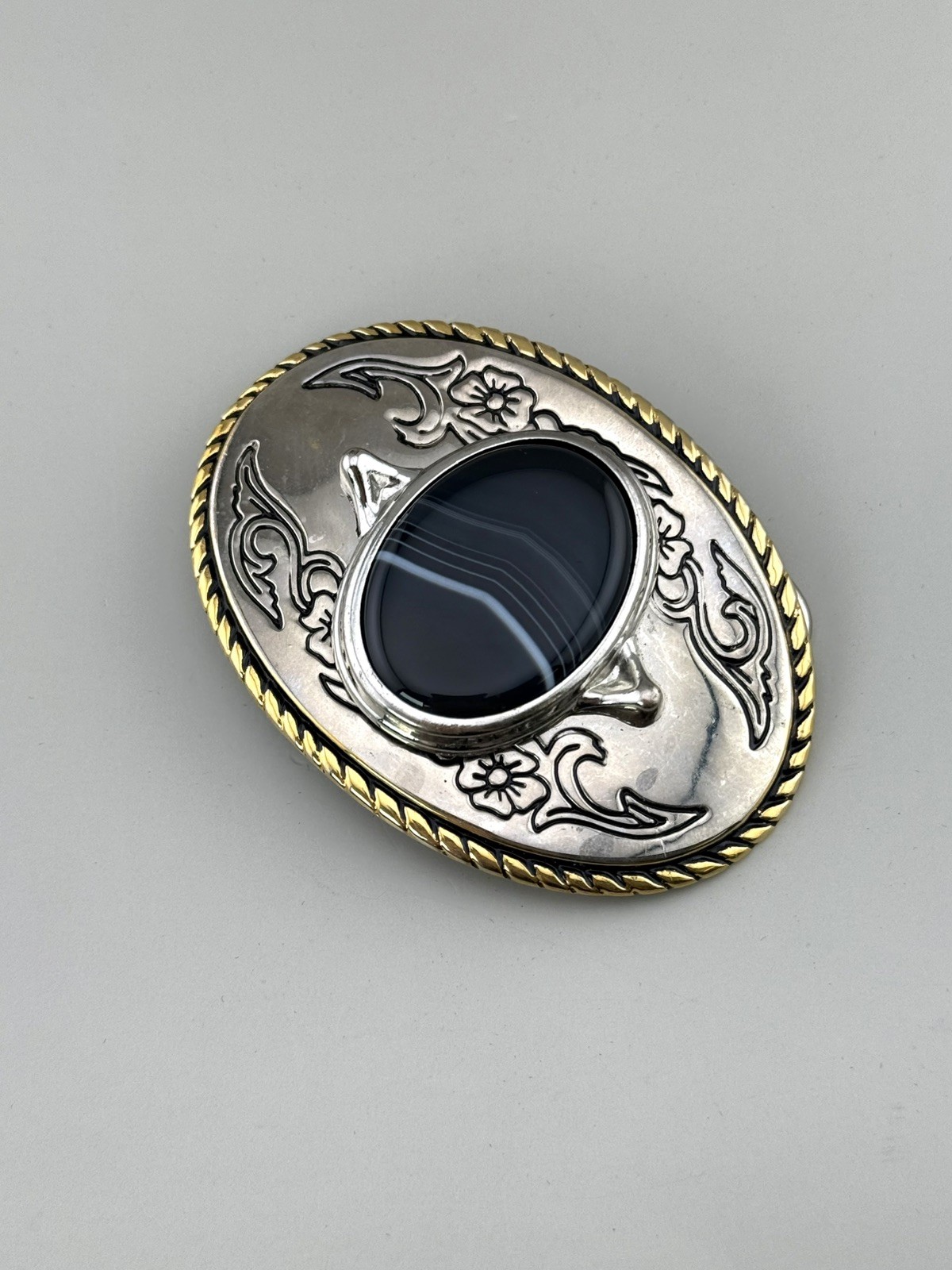 Black Banded Agate Western Belt Buckle Gold Rope Trim Floral Scroll