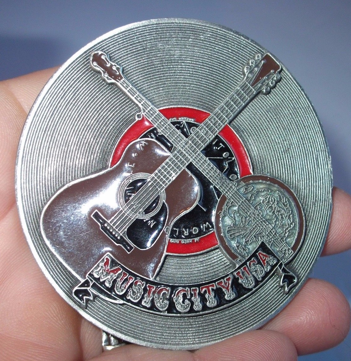 Music City USA Metal Belt Buckle By Jimm Watson Vintage Dated 1974 Record Guitar
