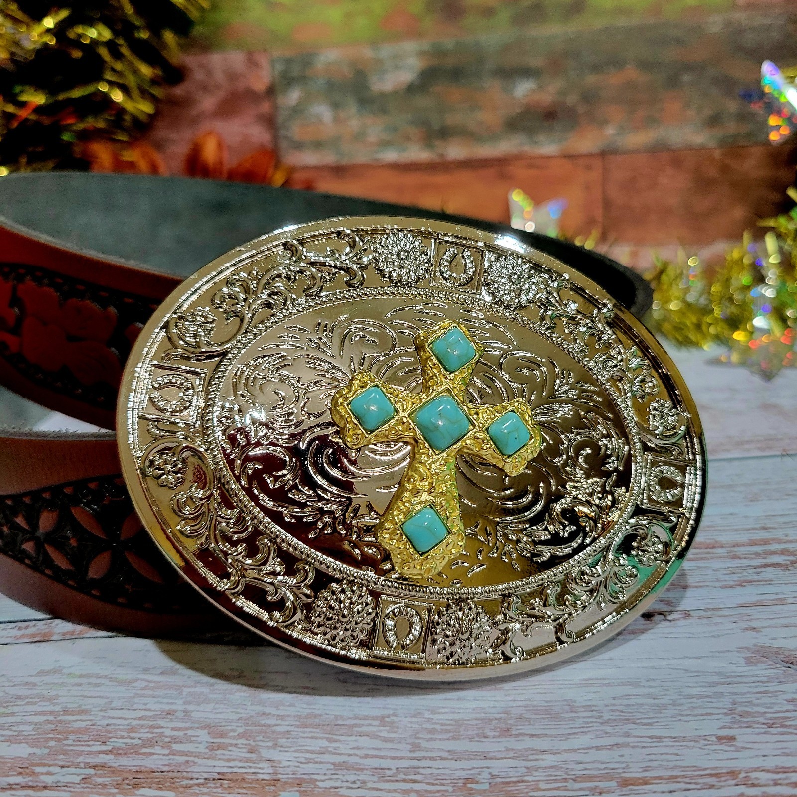 Cross Western belt Buckle Silver Oval Religious Gift Item With Blue Accents