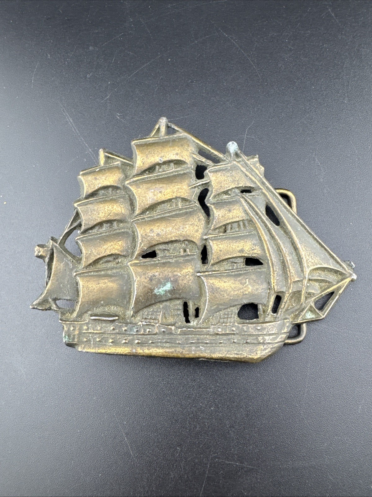 Vintage Brass Bronze Tone Metal Galleon Ship Clipper Nautical Belt Buckle Large