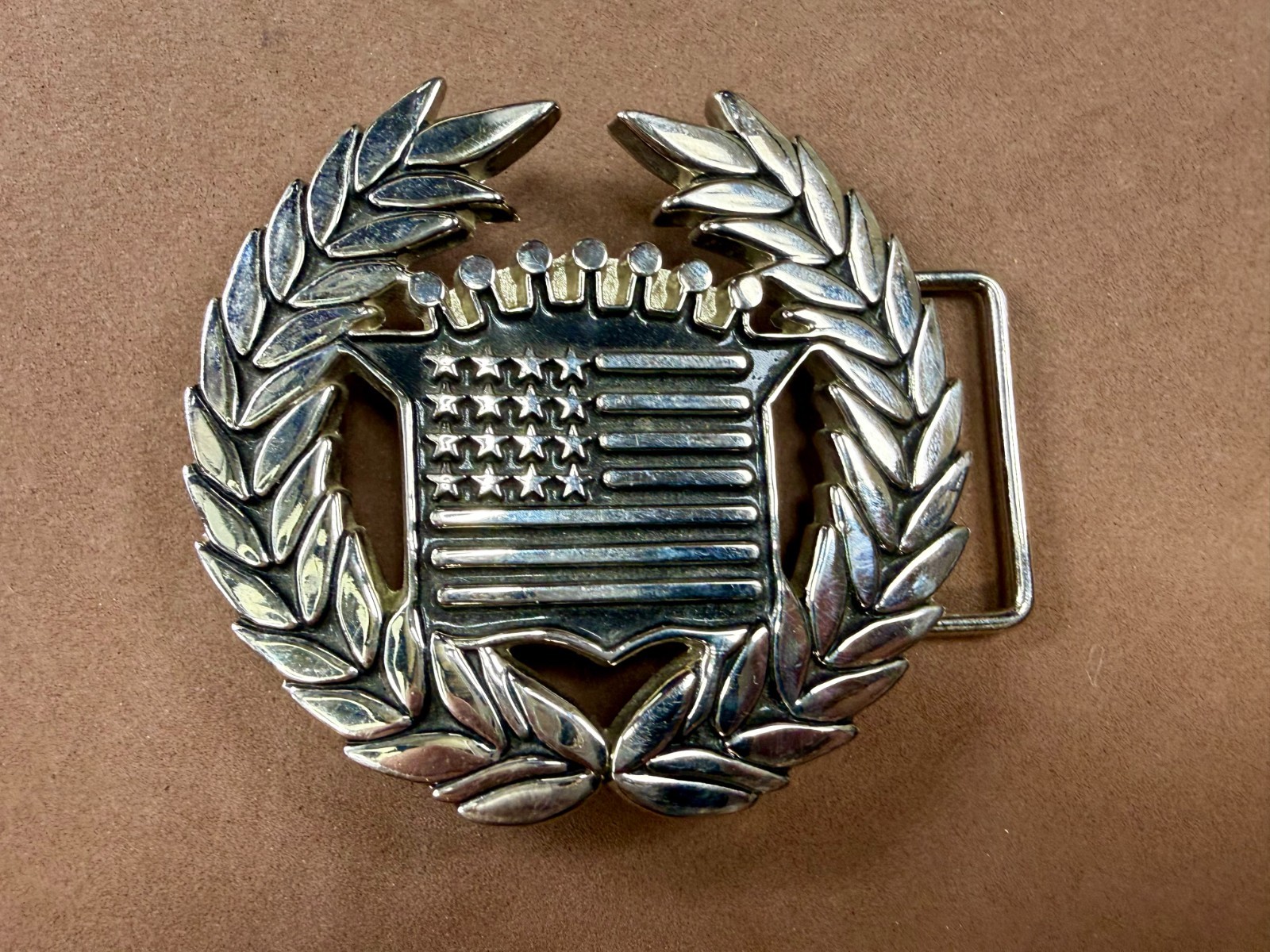 Cadillac Crown Logo Olive Branch Silver Color Famous Stars & Stripes Belt Buckle