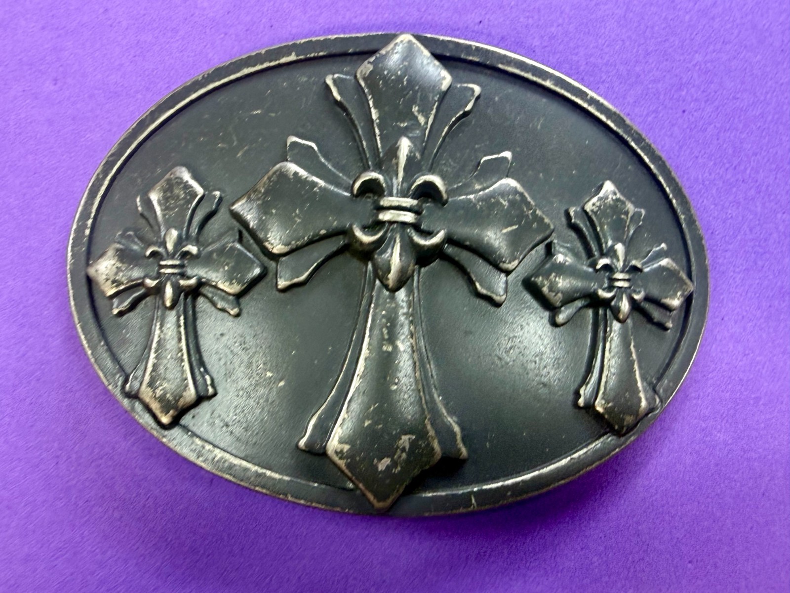 Fleur-de-lis Triple Maltese Style Three Cross Gothic Punk Biker Vibe Belt Buckle