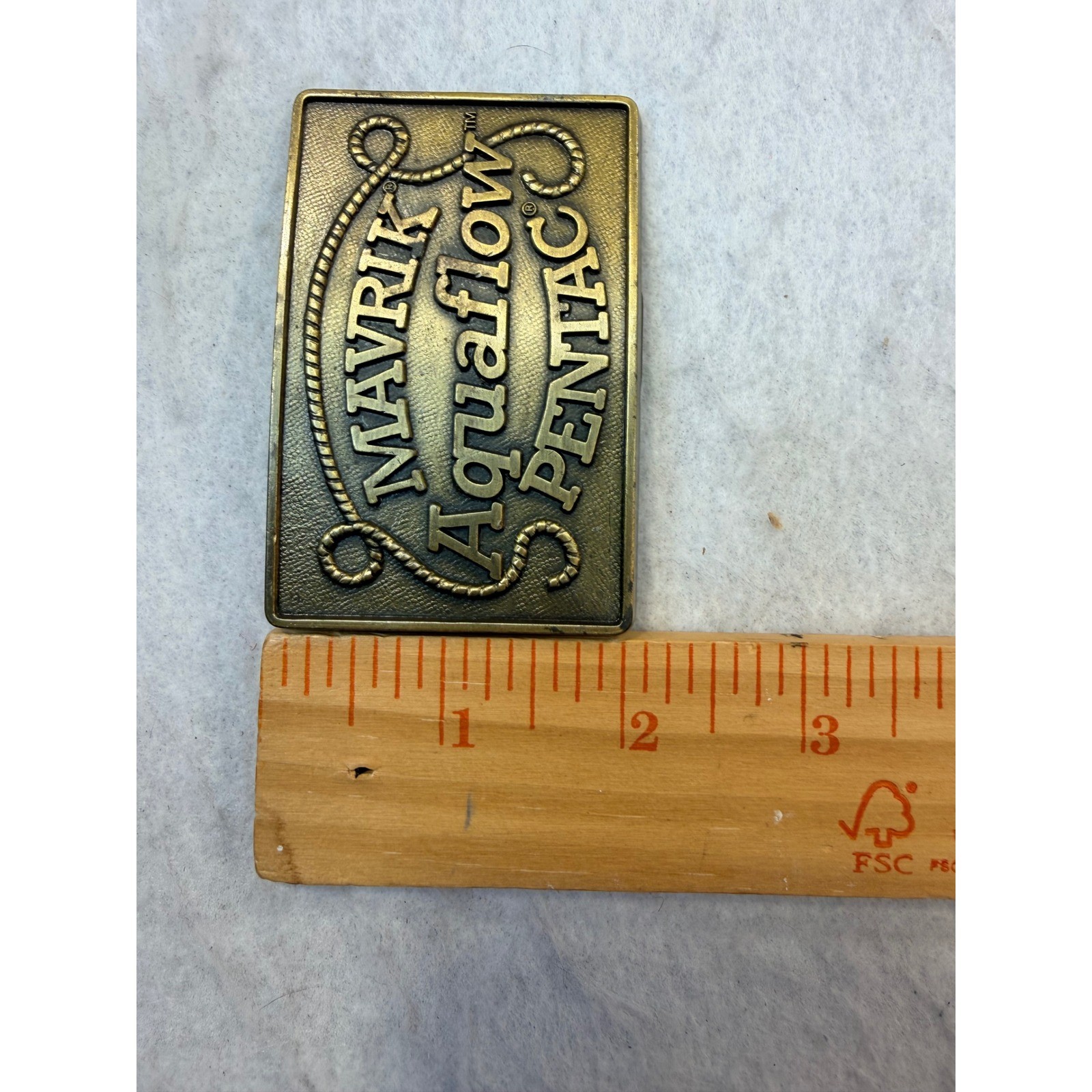 Vintage Mavrik Aquaflow Pentac Brass Tone Rectangular Belt Buckle Industrial 3in
