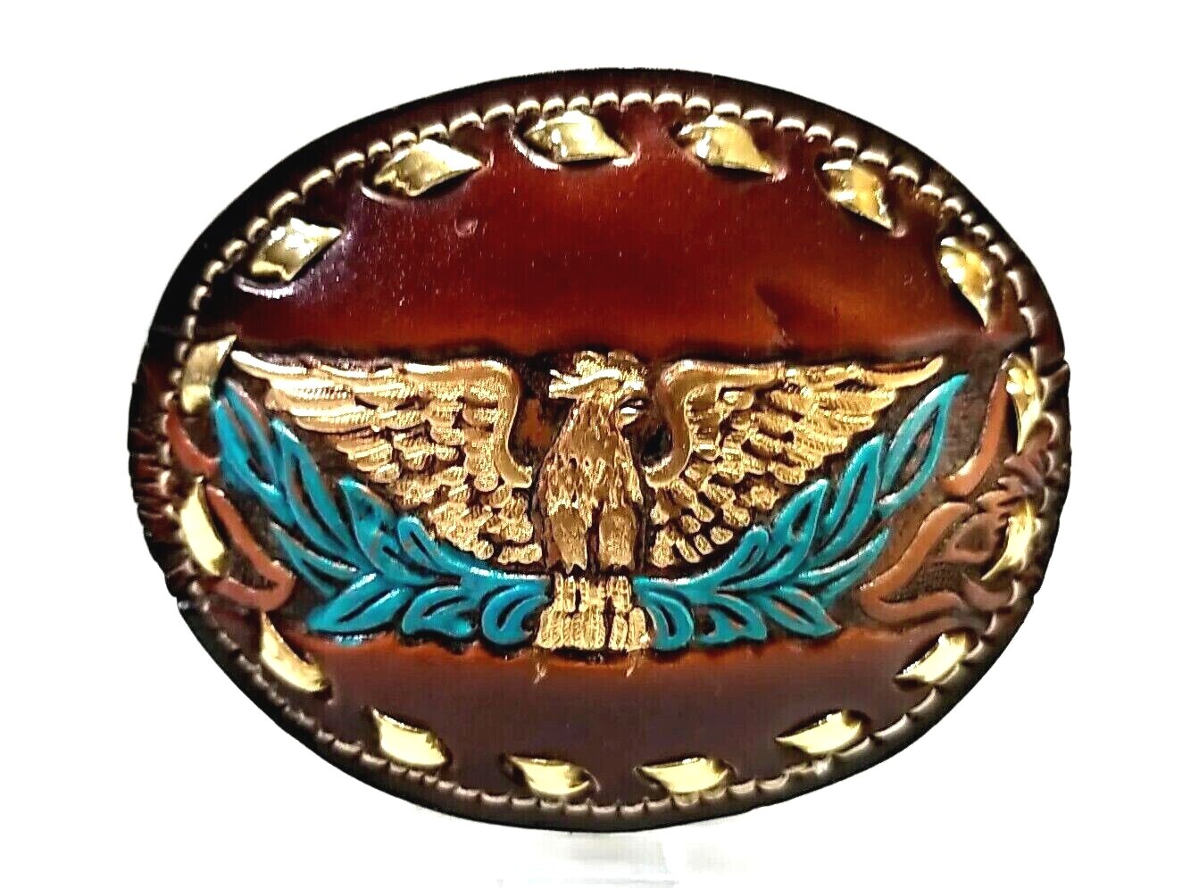 EAGLE Belt BUCKLE w/ GOLD BUCKSTITCHING Lg HANDMADE Brown LEATHER Western/Biker