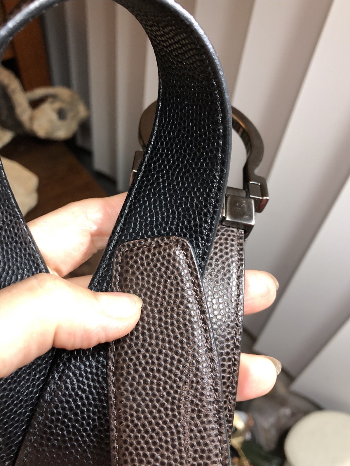 Salvatore Ferragamo Gun Metal tone Buckle black Brown leather removable belt