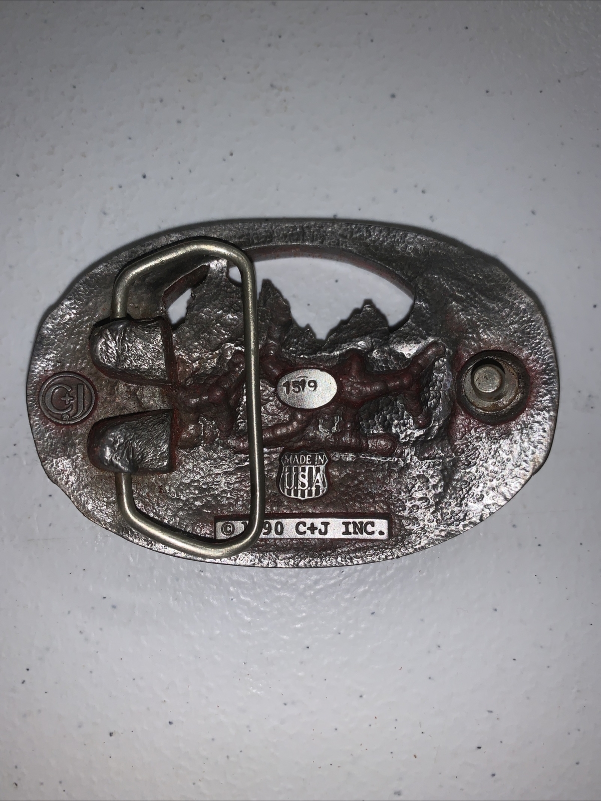 MEN&rsquo;S HEAVY PEWTER 1990 C + J INC DEER SCENE AND ANTLER BELT BUCKLE MADE IN USA