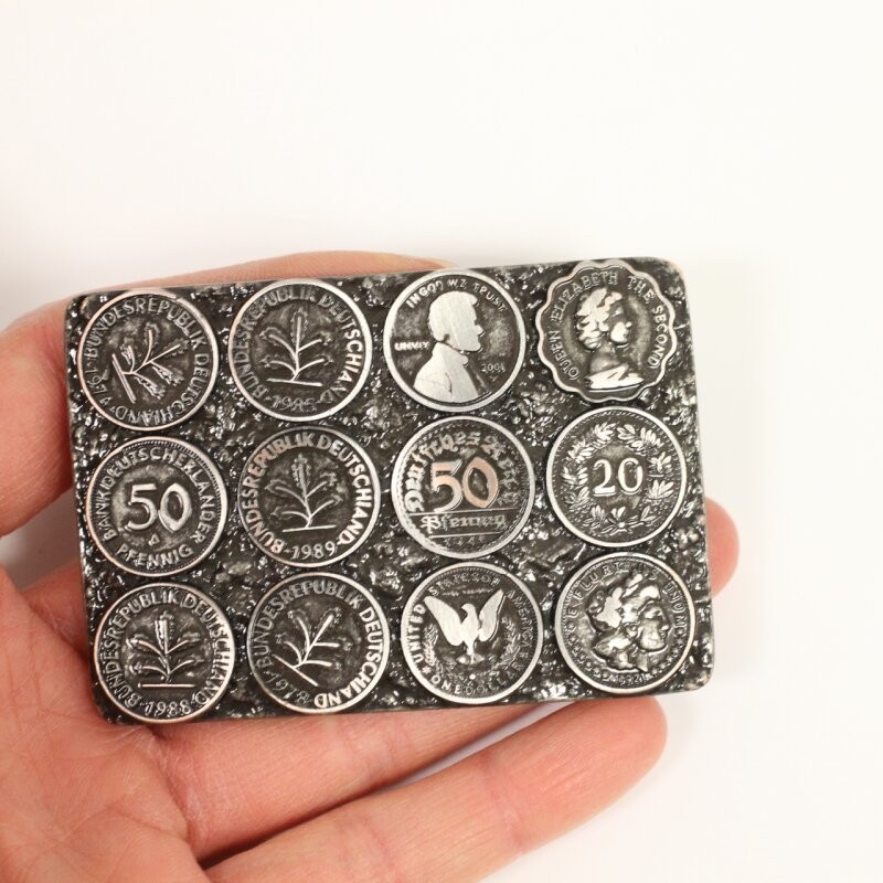 Vintage Belt Buckle with German Penny Coins Motif Metal in Retro Style
