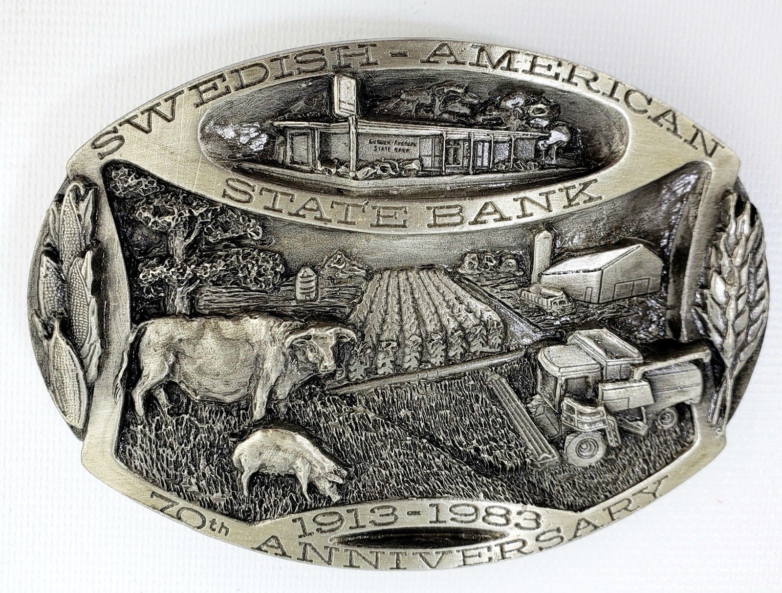 Siskiyou Farming Belt Buckle Swedish American State Bank 70th Anniversary