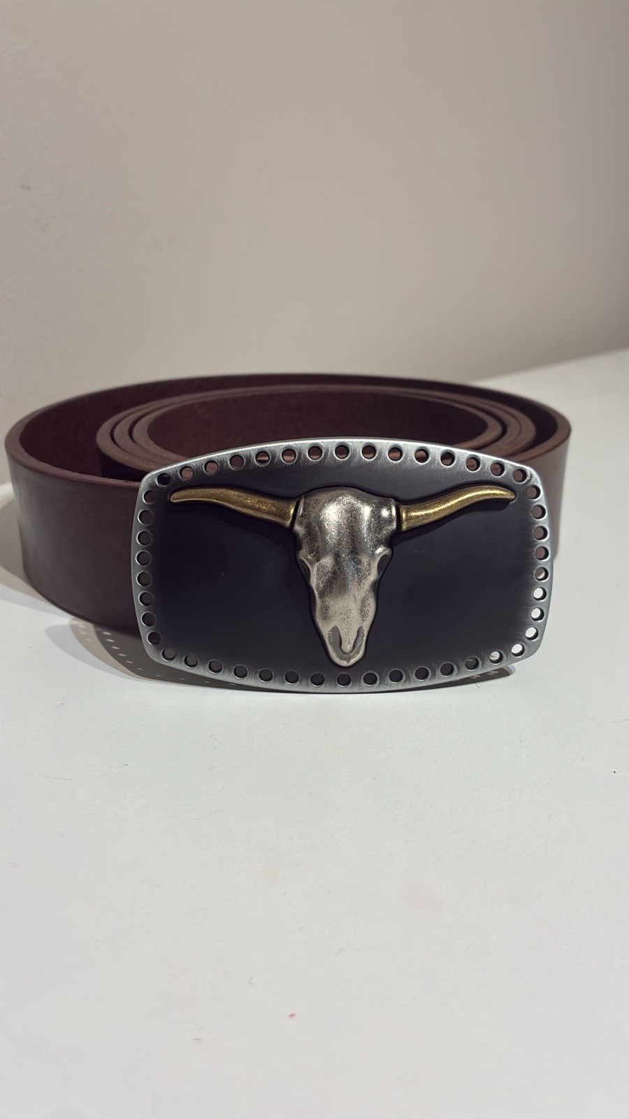 Longhorn Bull Skull Belt Buckle – Antique Brass & Gunmetal Finish
