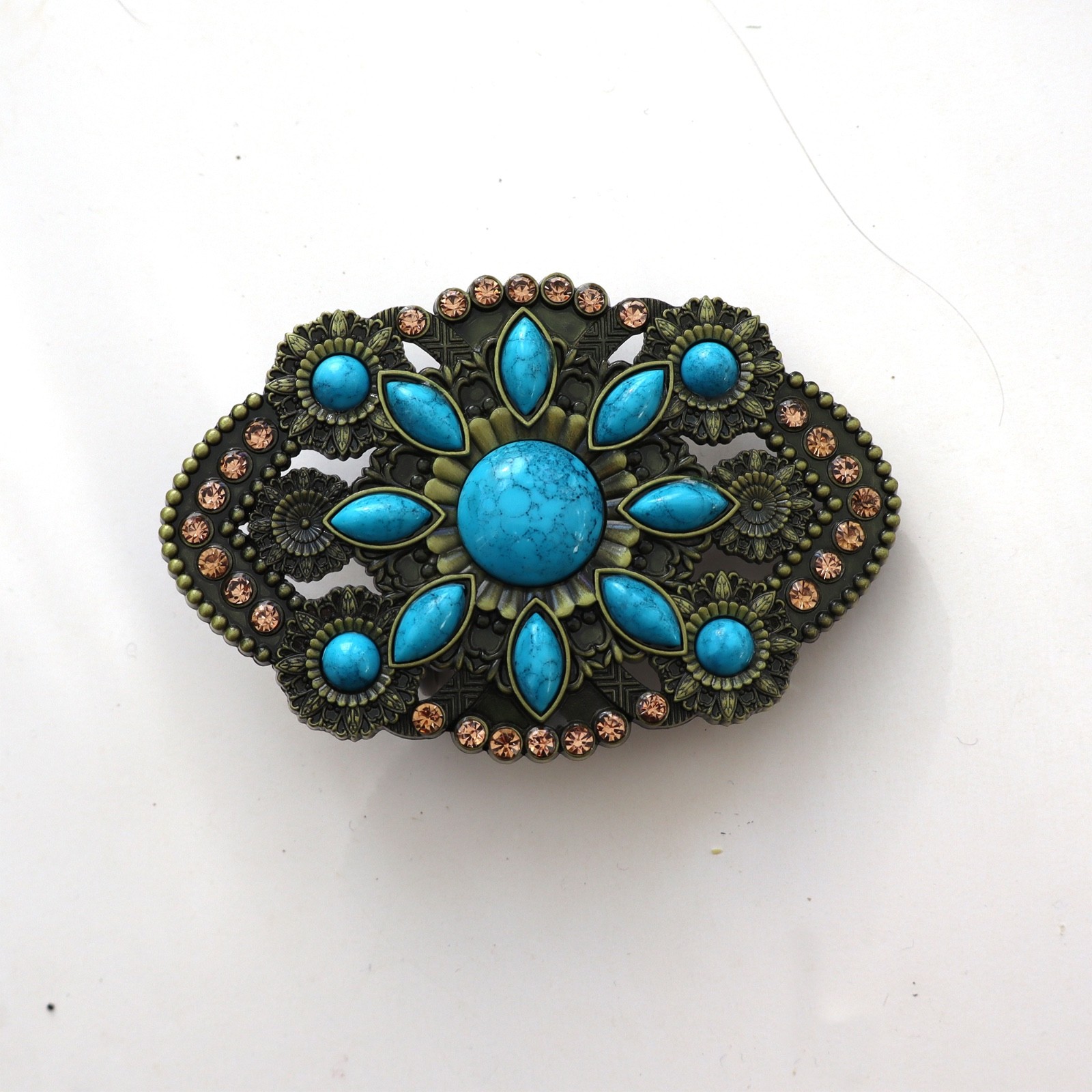 Large Oval Belt Buckle Black w Faux Turquoise Unisex 4”
