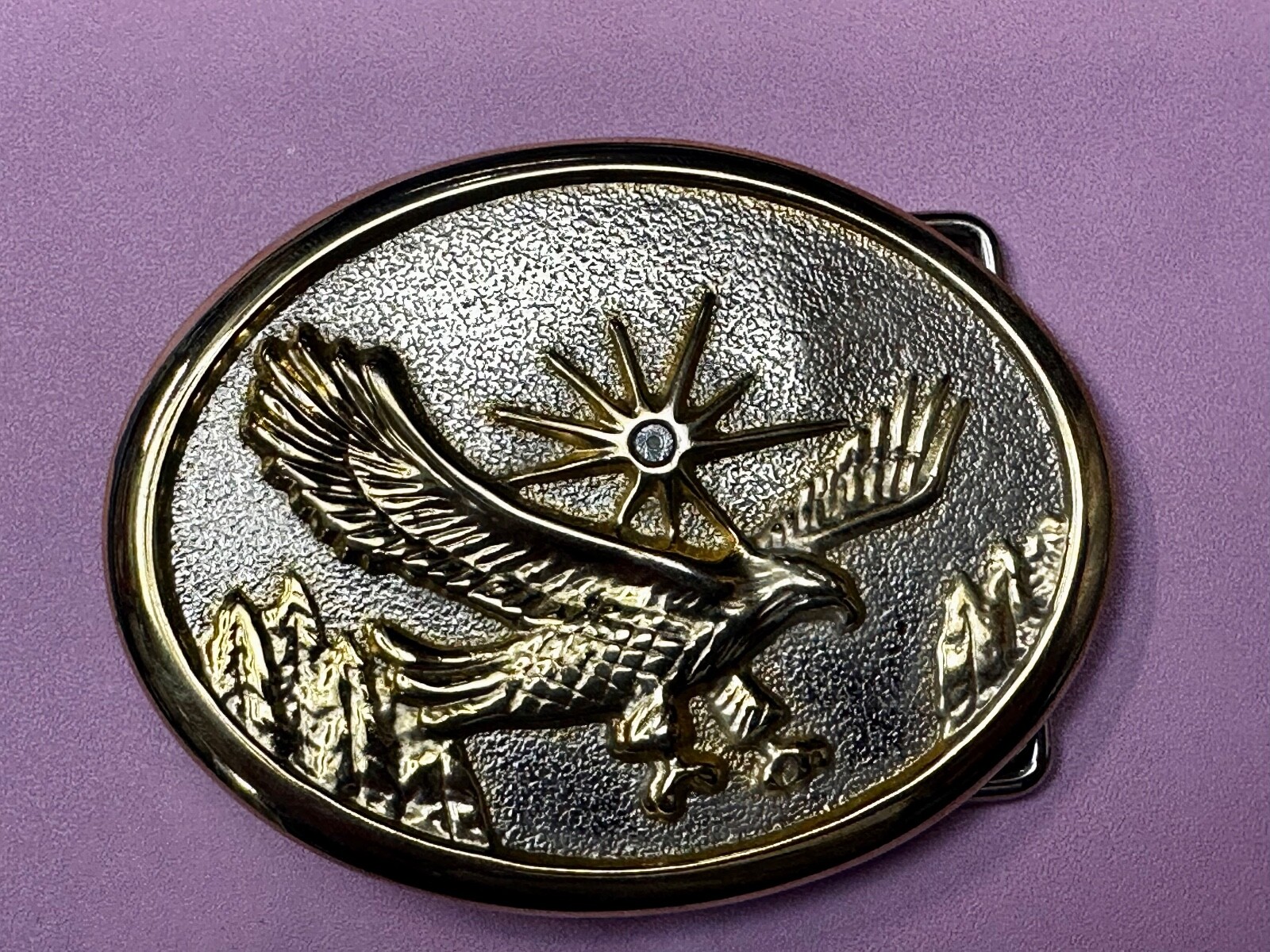 Patriotic American Eagle flying over Mountains w/ starburst Vintage belt buckle